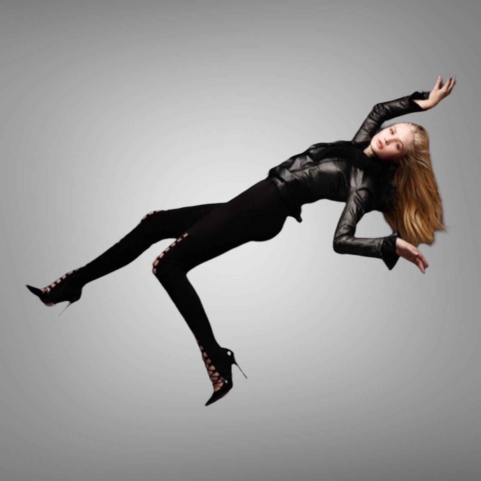 NUEVO Jitrois Pantalones de piel elástica de ante Leggings Bondage Detalles de encaje 38 en venta 2