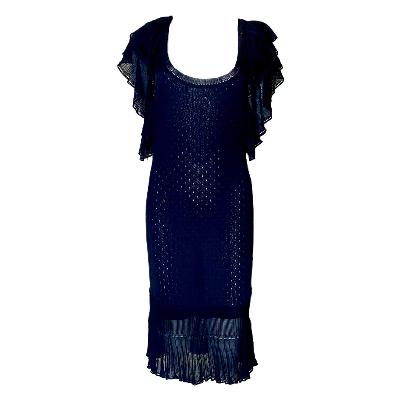 NEW John Galliano Black Crochet Knit Ruched Dress  For Sale