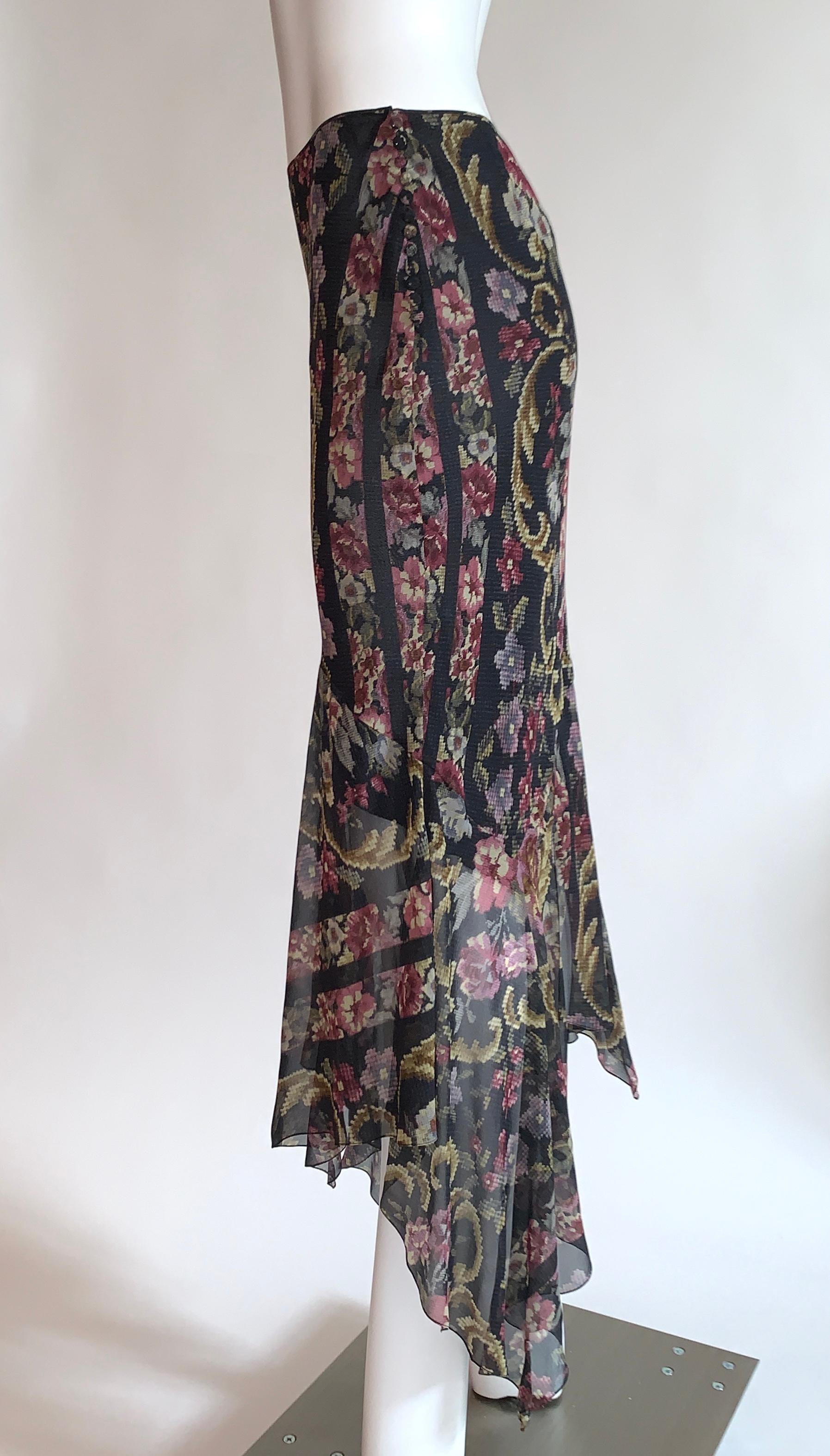 Black New John Galliano Floral Embroidery Print Silk Floaty Asymmetric Chiffon Skirt