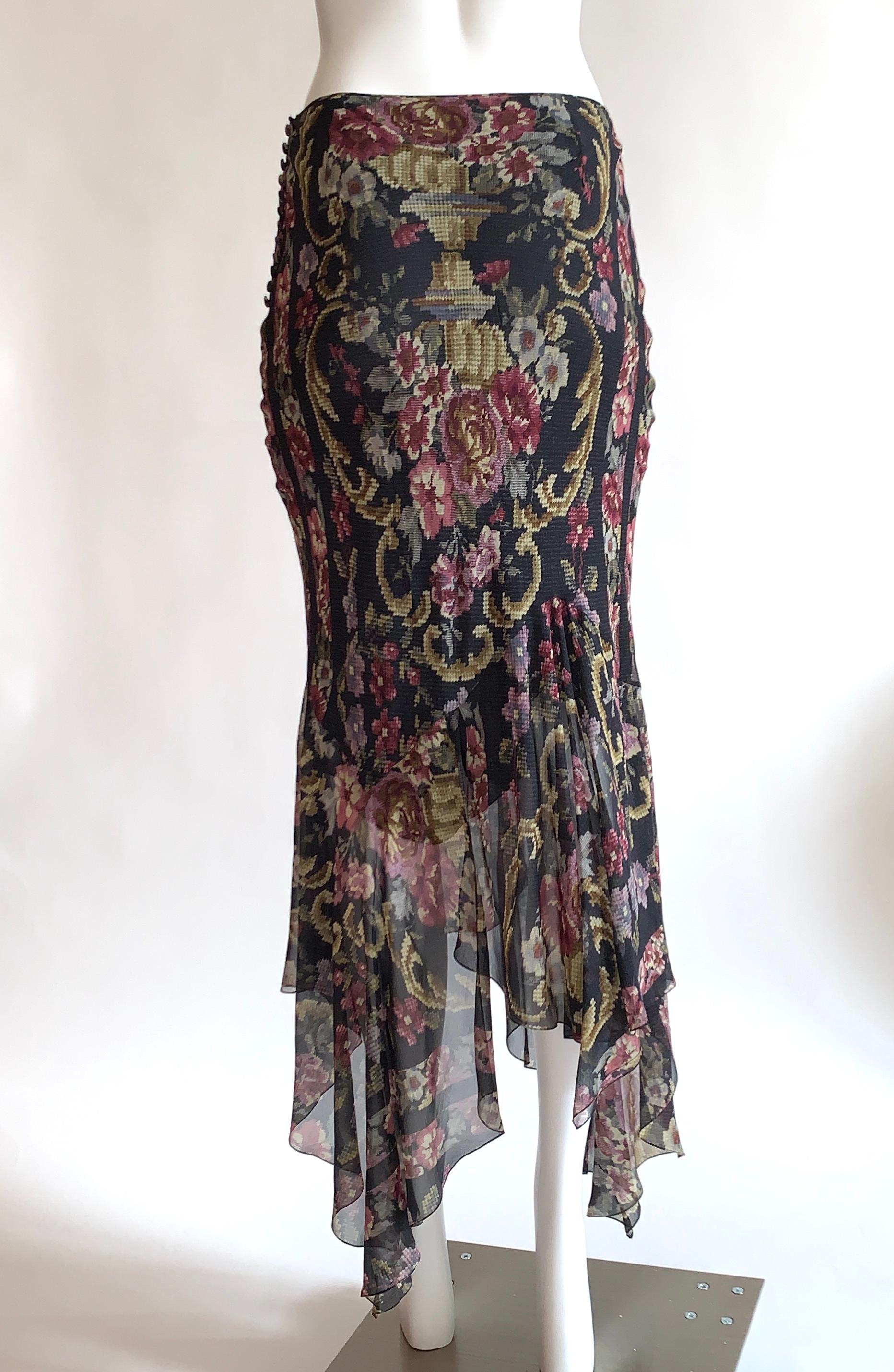 New John Galliano Floral Embroidery Print Silk Floaty Asymmetric Chiffon Skirt In New Condition In San Francisco, CA