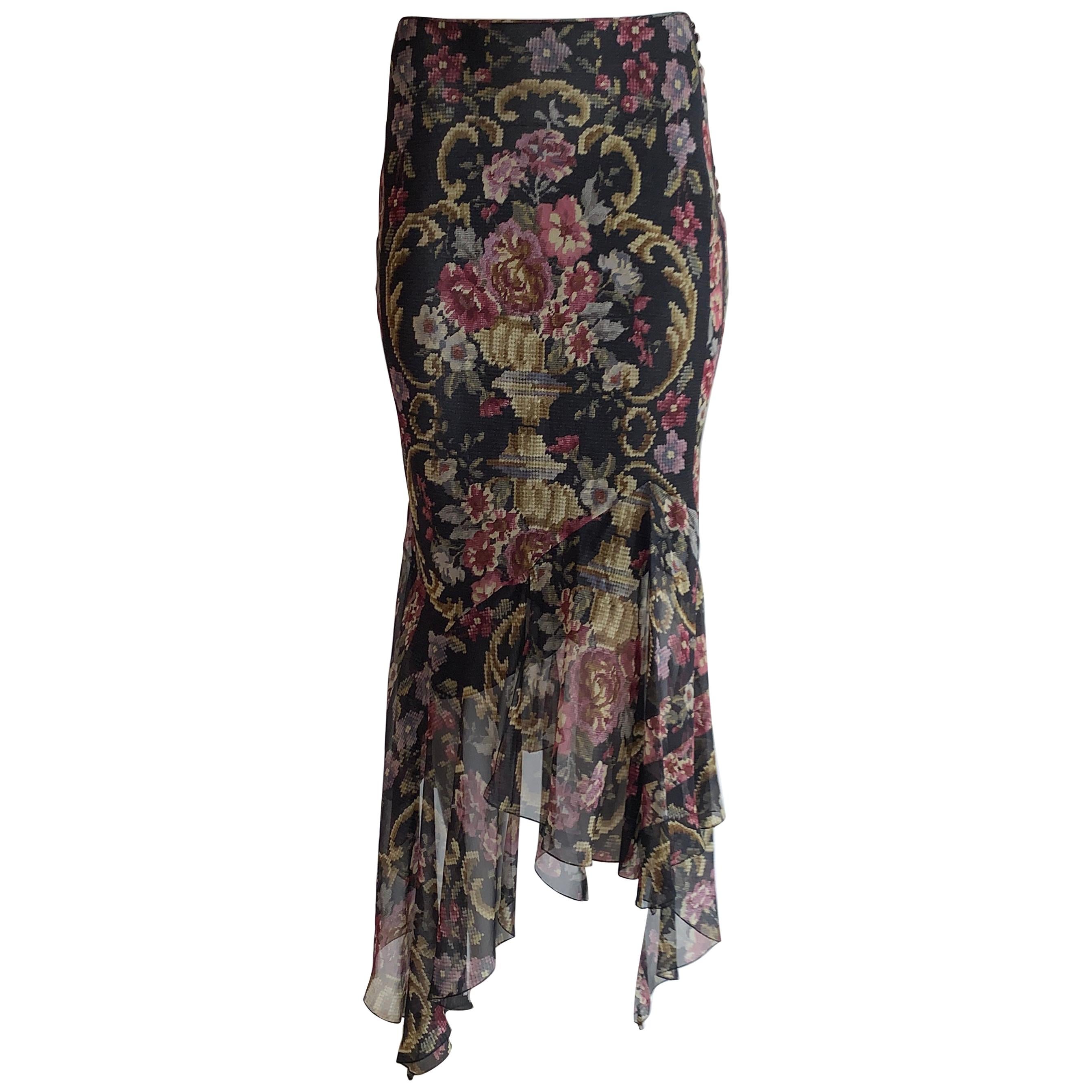 New John Galliano Floral Embroidery Print Silk Floaty Asymmetric Chiffon Skirt