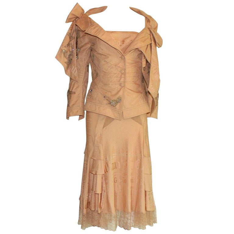 UNWORN John Galliano Newspaper Print Silk Tulle Lace Skirt Dress Jacket