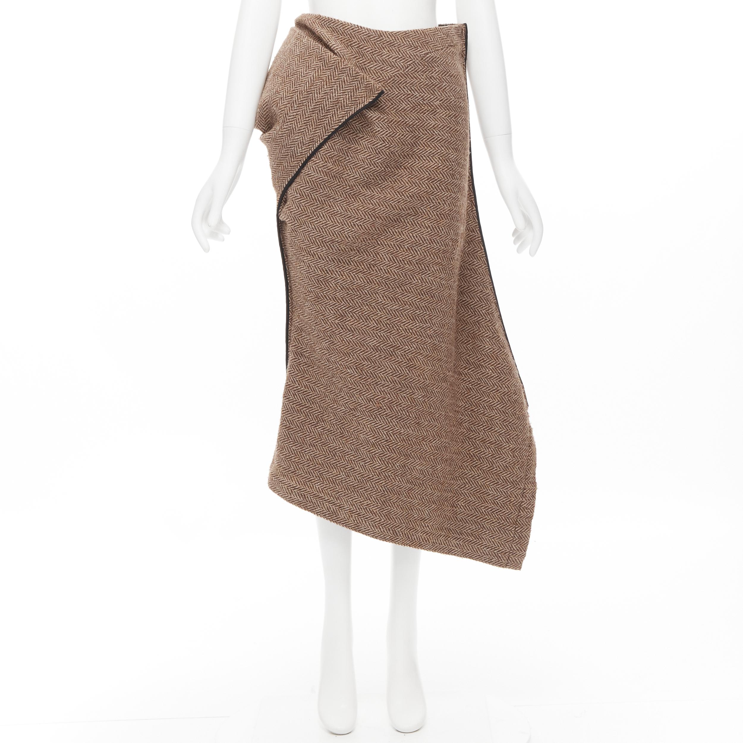 new JUNYA WATANABE 1999 brown herringbone tweed wrap bustle asymmetric skirt S 6