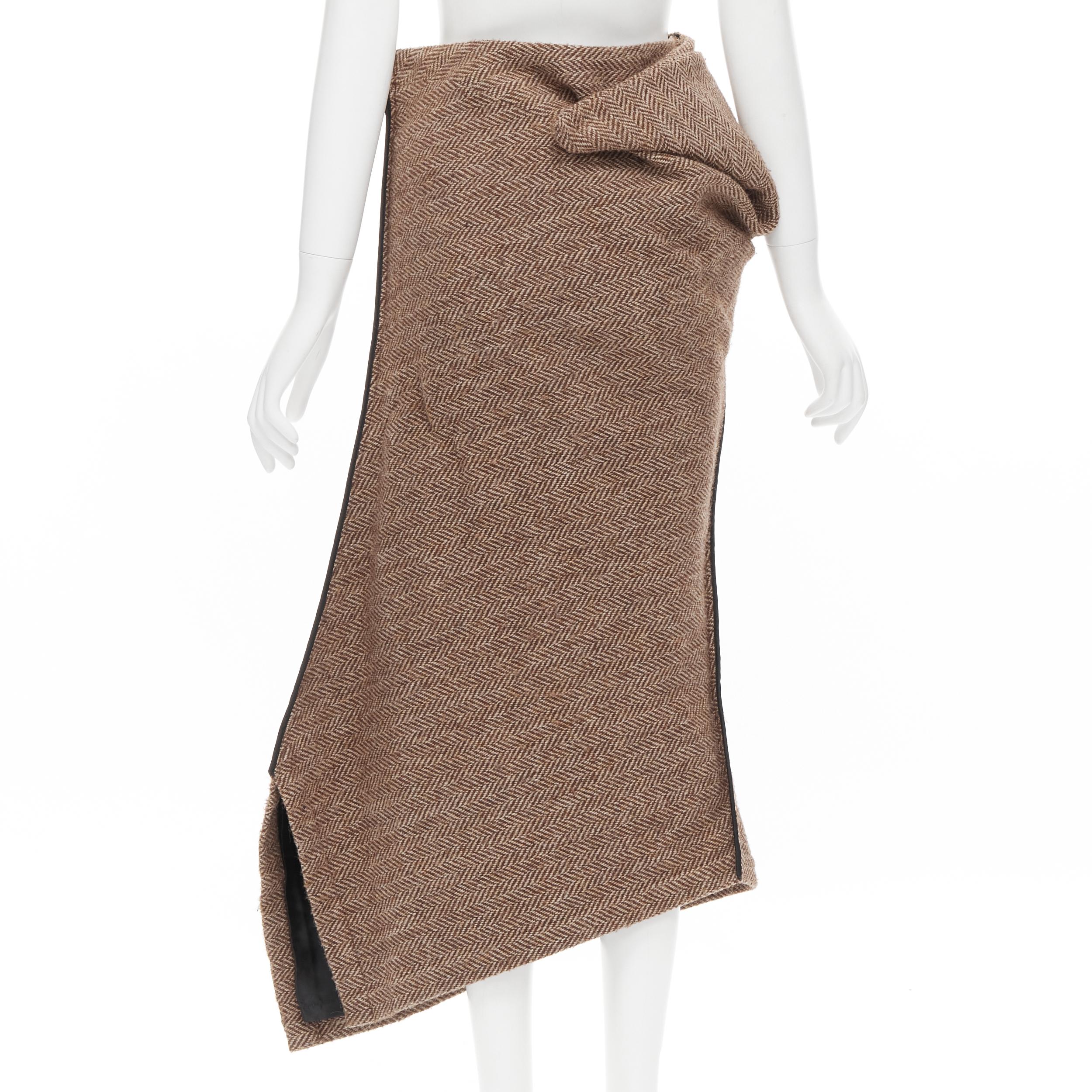 new JUNYA WATANABE 1999 brown herringbone tweed wrap bustle asymmetric skirt S In New Condition In Hong Kong, NT