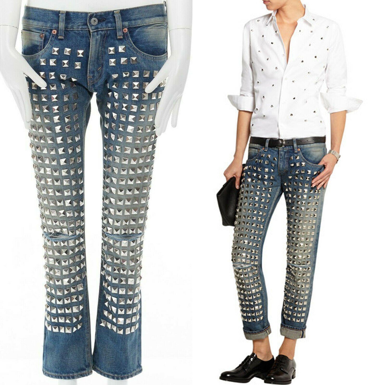 new JUNYA WATANABE punk silver studded low rise straight washed jeans pants XS
FROM THE AD2015 COLLECTION
Designer: Junya Watanabe 
Material: Cotton, polyester 
Color: Blue
Extra Details: Washed medium blue denim . Heavily embellished with silver