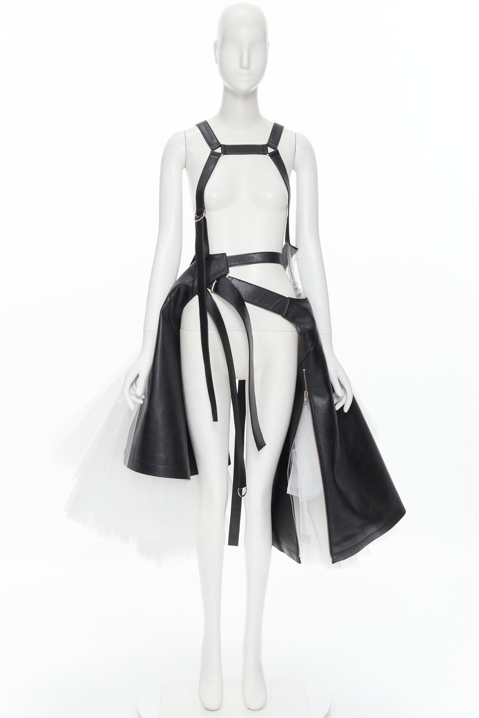 new JUNYA WATANABE Runway black leather white tulle biker harness skirt XS rare 4