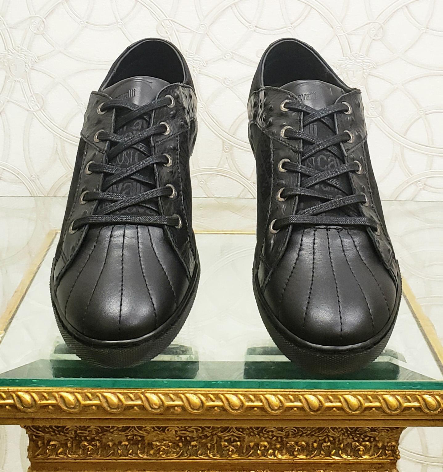 NEW JUST CAVALLI BLACK LEATHER SNEAKERS w/OSTRICH DETAILS 46 - 13 For Sale 1