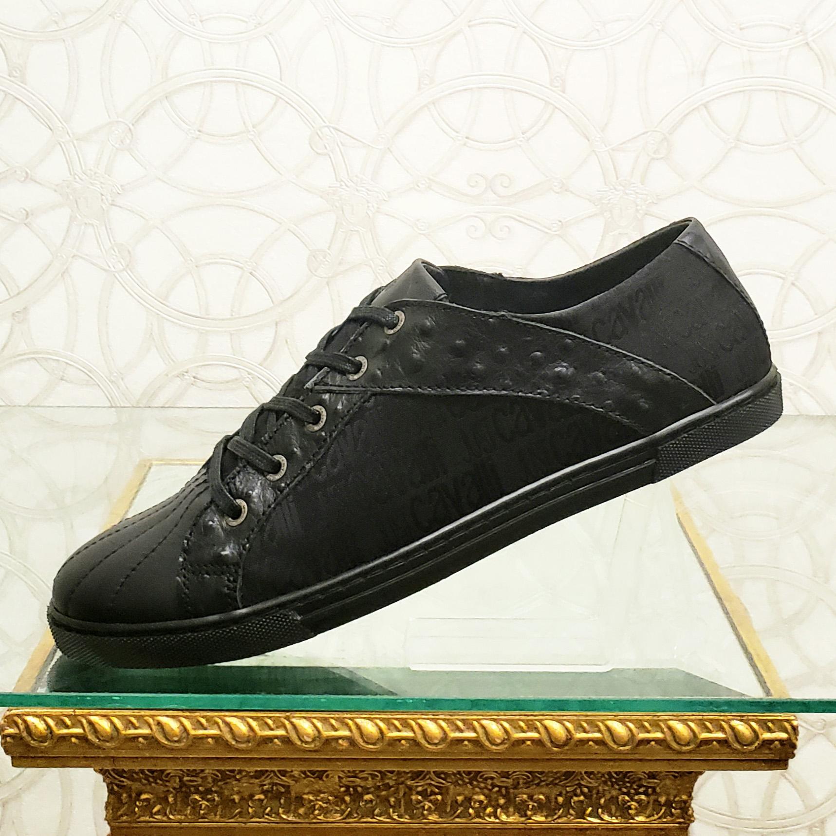 Black NEW JUST CAVALLI BLACK LEATHER SNEAKERS w/OSTRICH DETAILS 46 - 13