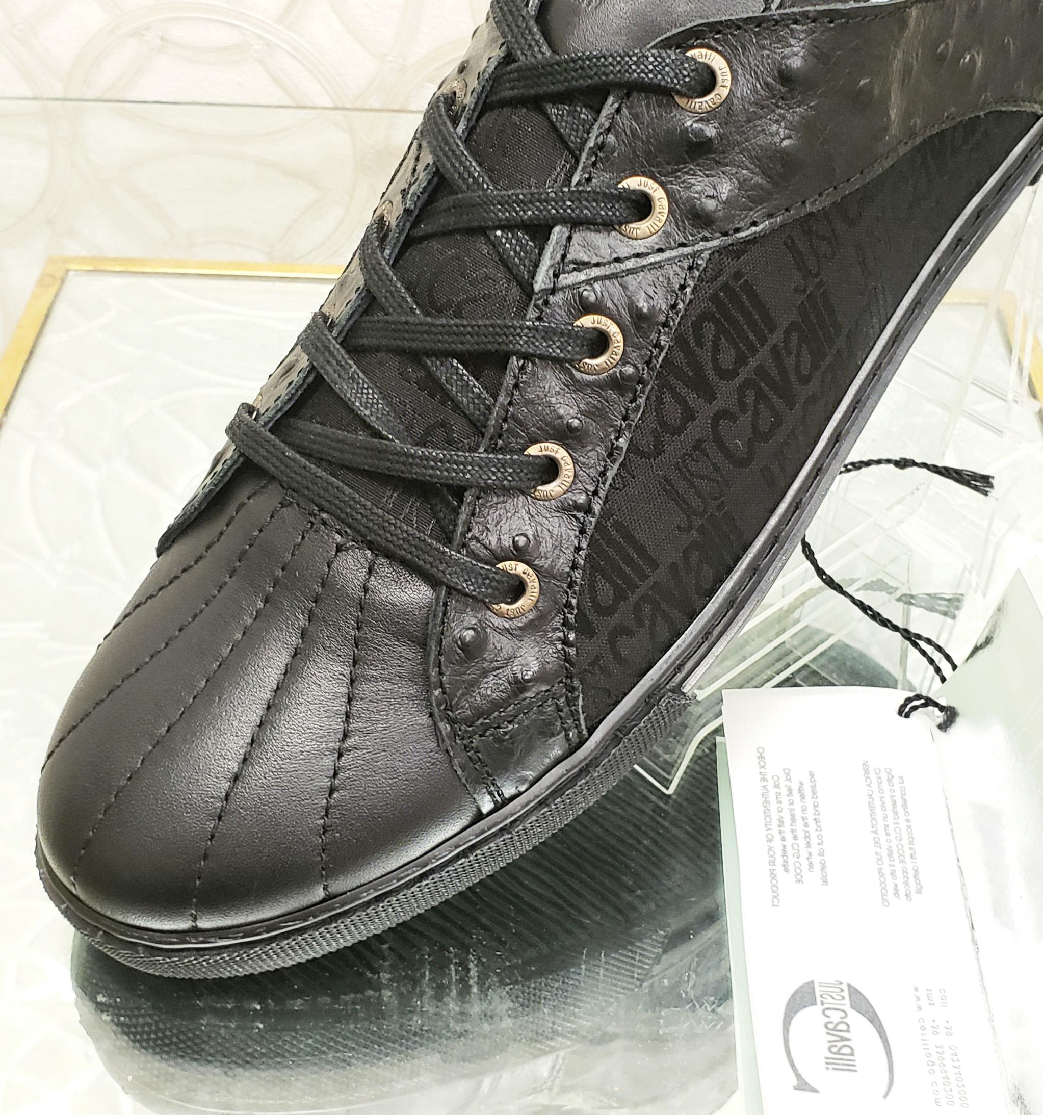 Men's NEW JUST CAVALLI BLACK LEATHER SNEAKERS w/OSTRICH DETAILS 46 - 13