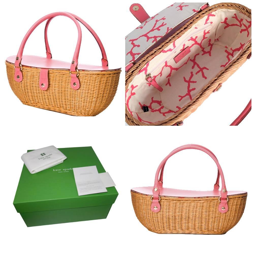Beige New Kate Spade Medium Her Spring 2005 Final Collection Pink Wicker Basket Bag