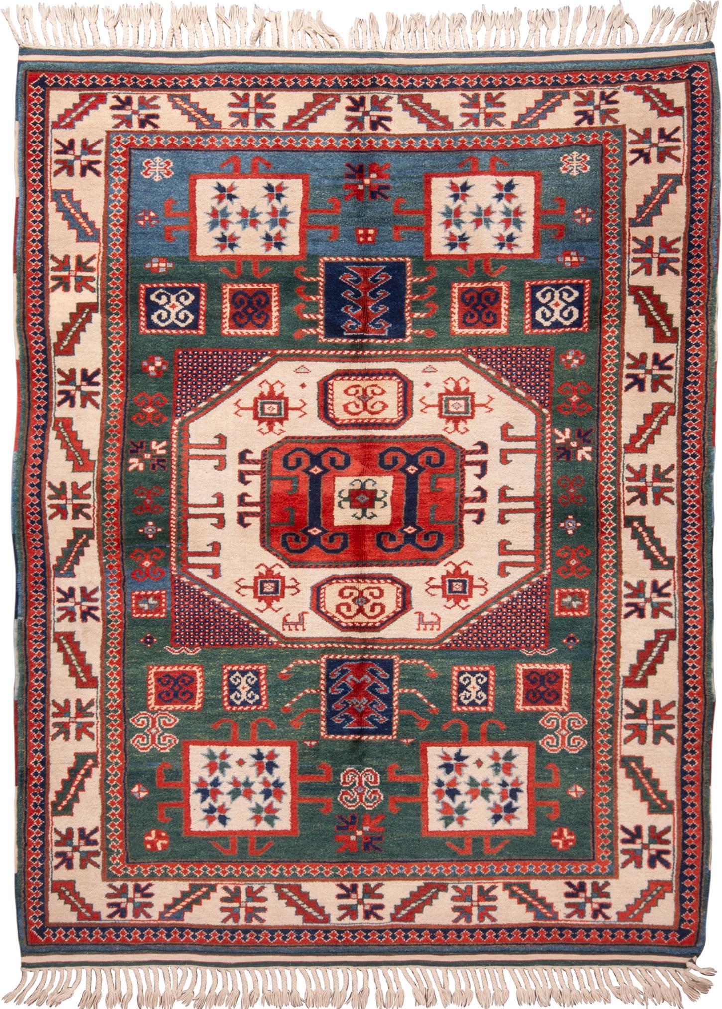 Originating from Turkey, this new Kazak transitional wool rug sports abundant Turkish ram Horn symbols throughout the field design. As traditional symbols of strength and resilience, it is uncommon to see more than a few, let alone more than a dozen
