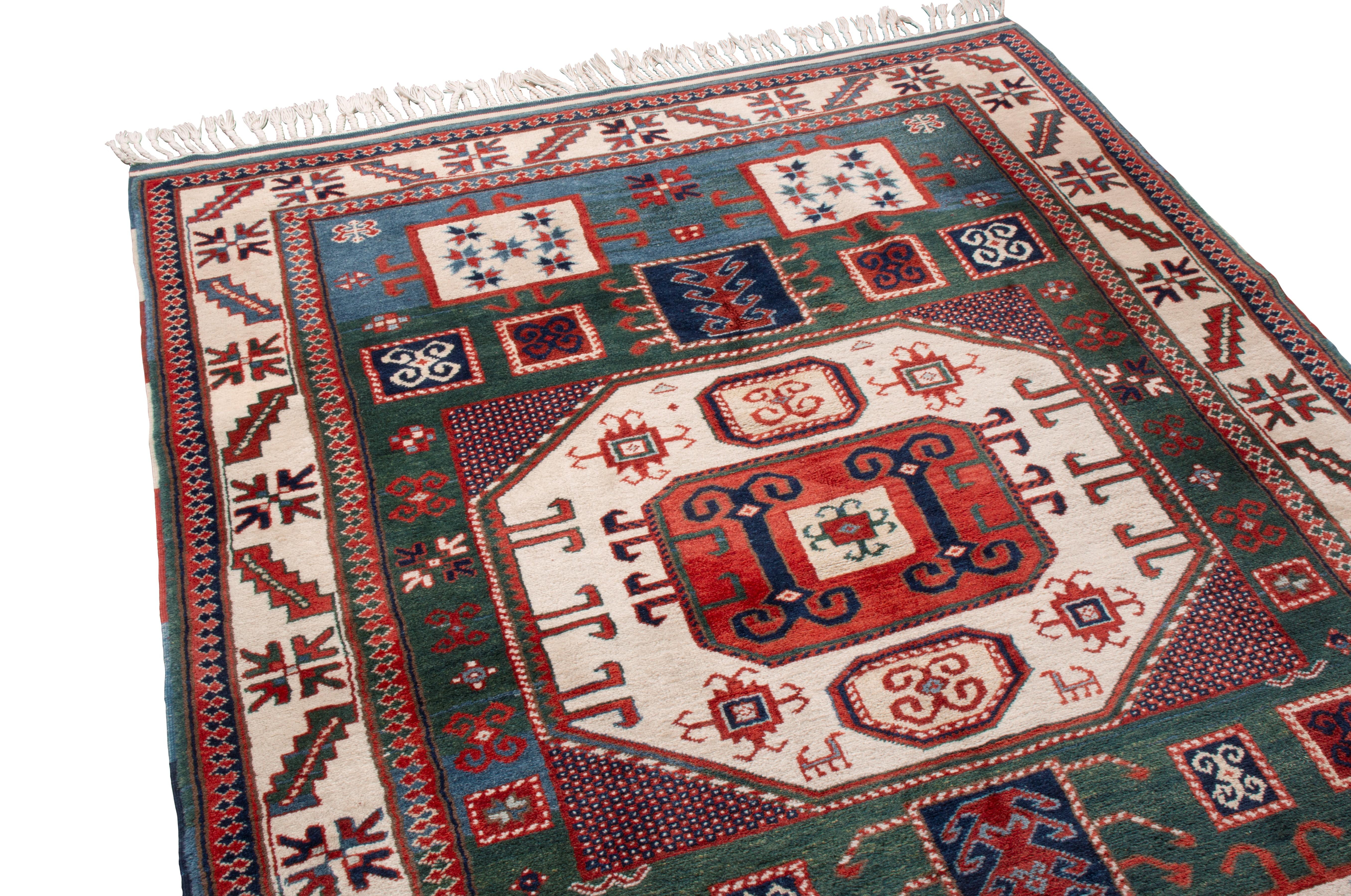 Turkish New Kazak Transitional Red and Green Wool Rug with Ram Horn Motifs
