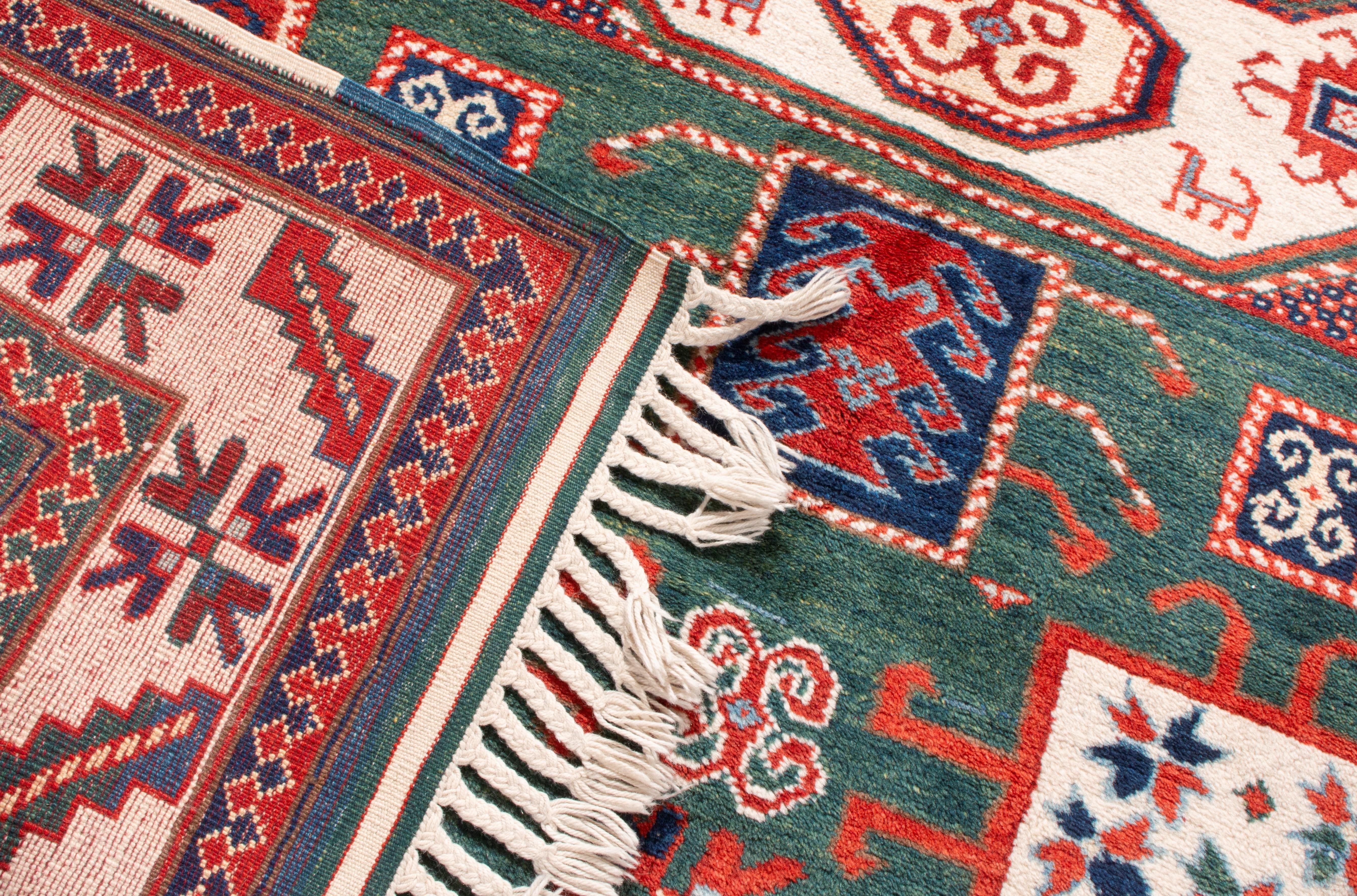 Contemporary New Kazak Transitional Red and Green Wool Rug with Ram Horn Motifs