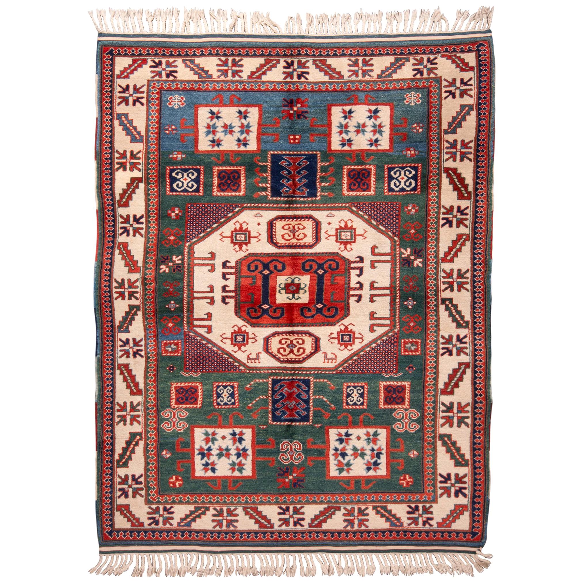 New Kazak Transitional Red and Green Wool Rug with Ram Horn Motifs