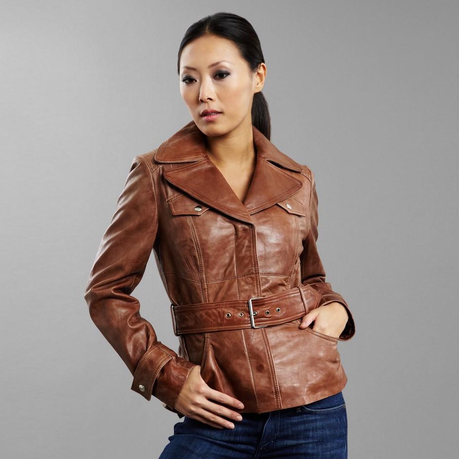 Marron New Kenneth Cole Leather Jacket Coat in Saddle Brown Size Small en vente