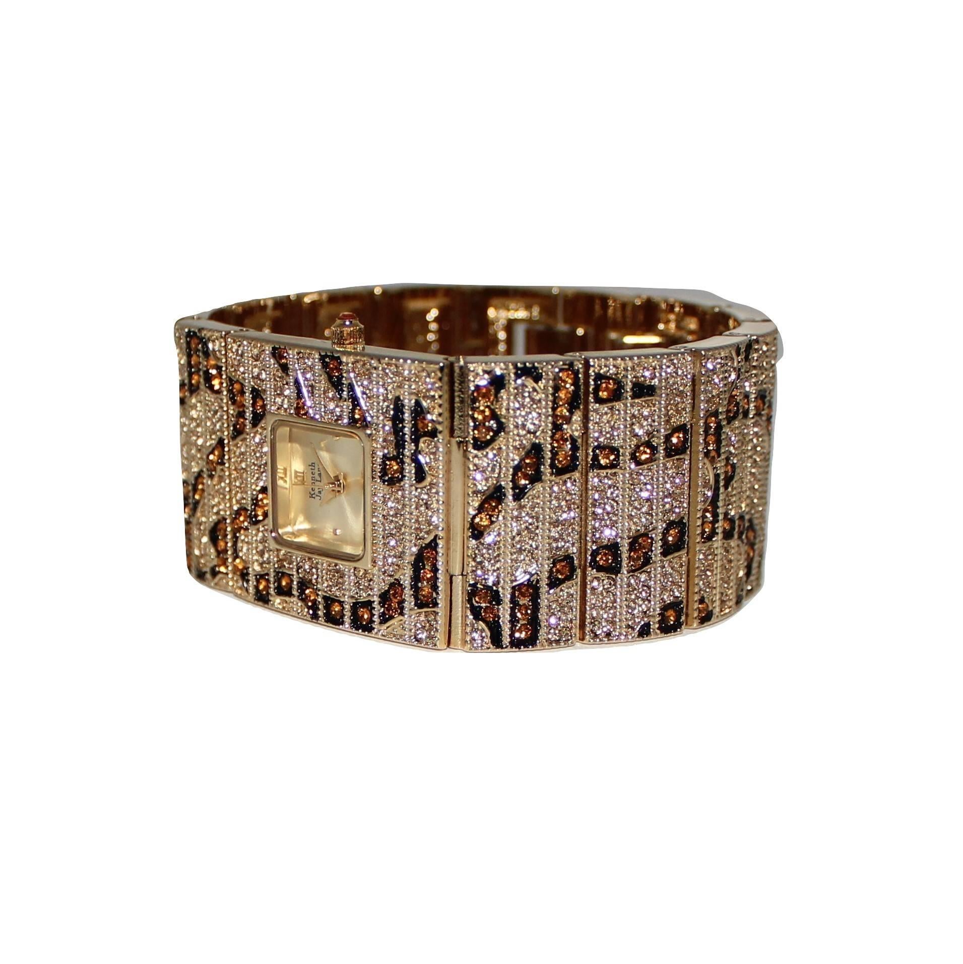 Kenneth Jay Lane, montre-bracelet léopard à maillons en cristal Swarovski  en vente 6