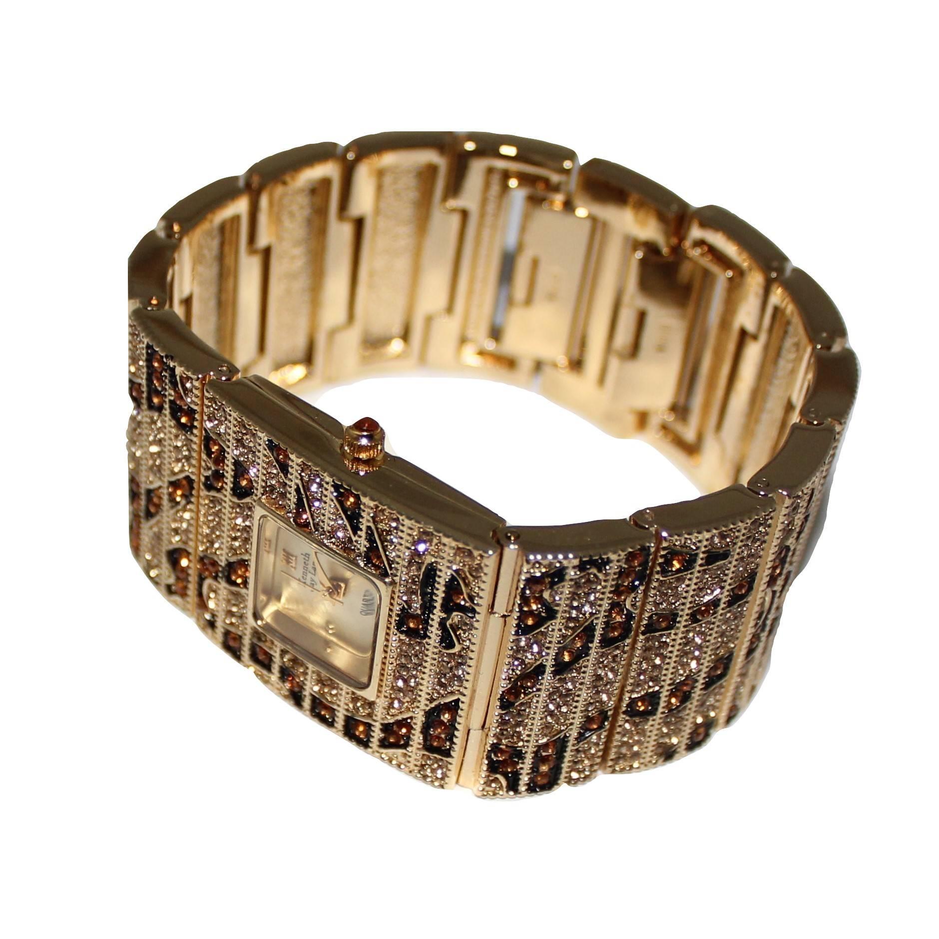 New Kenneth Jay Lane Leopard Link Swarovski Crystal Quartz Wristwatch  For Sale 4