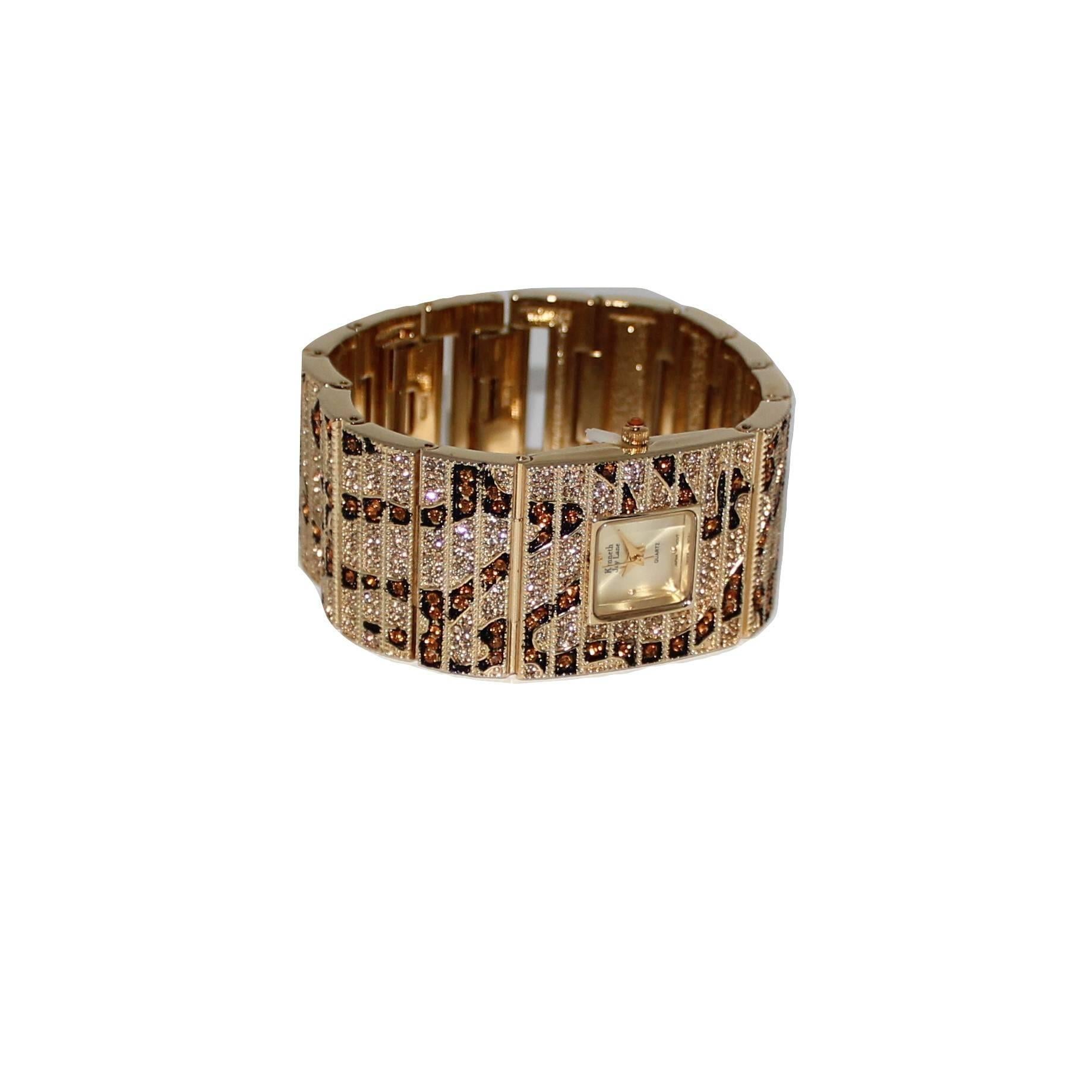 Kenneth Jay Lane, montre-bracelet léopard à maillons en cristal Swarovski  en vente 8