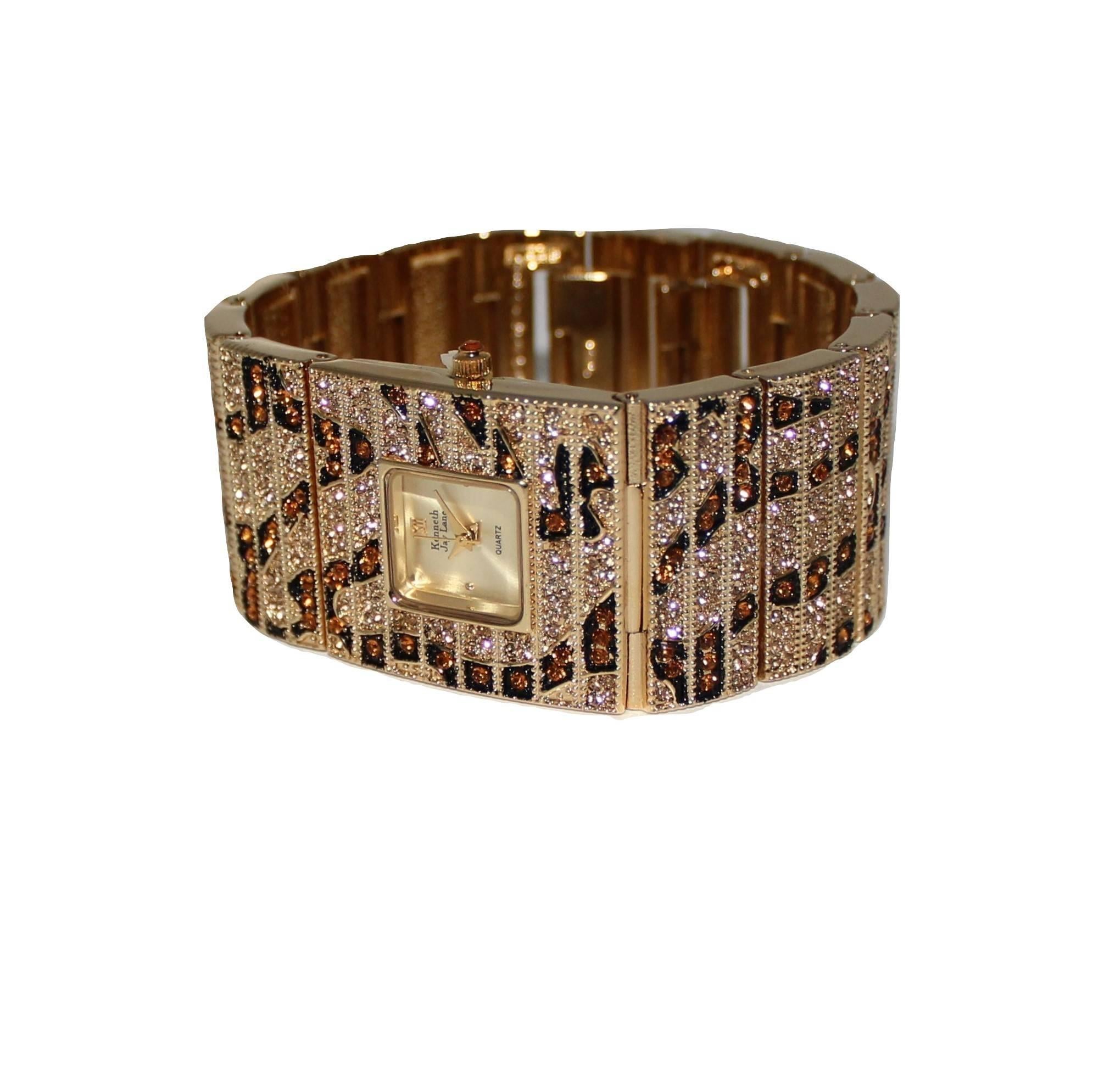 Kenneth Jay Lane, montre-bracelet léopard à maillons en cristal Swarovski  en vente 1
