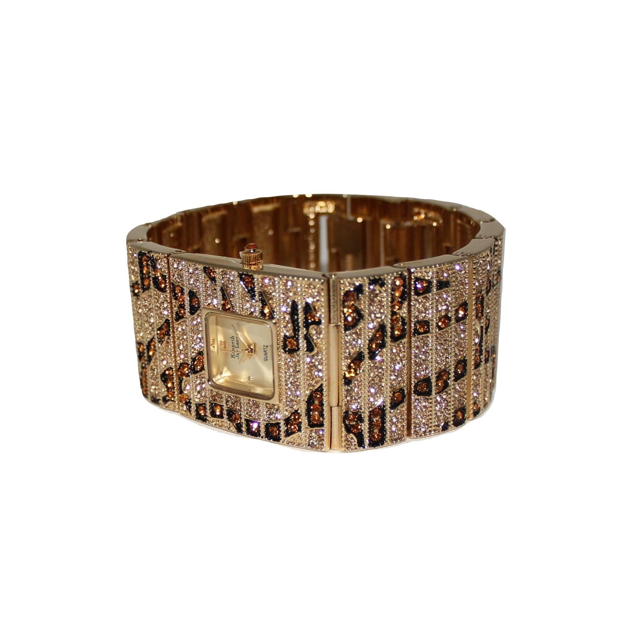 Kenneth Jay Lane, montre-bracelet léopard à maillons en cristal Swarovski  en vente 4
