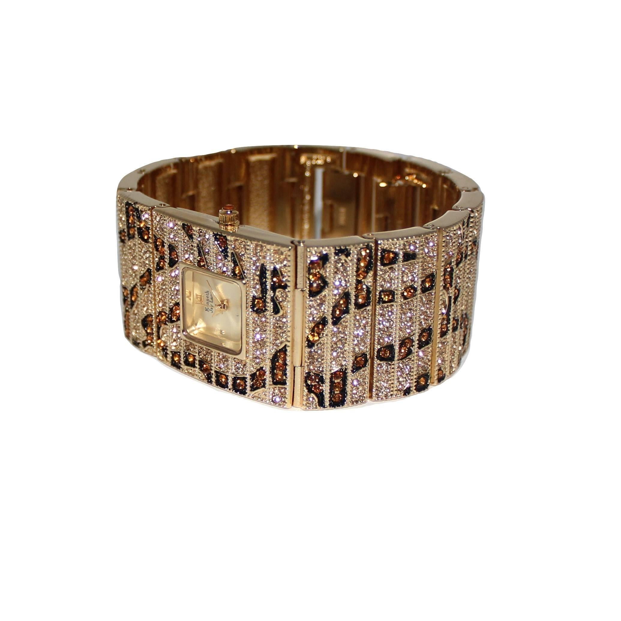 New Kenneth Jay Lane Leopard Link Swarovski Crystal Quartz Wristwatch  For Sale 2