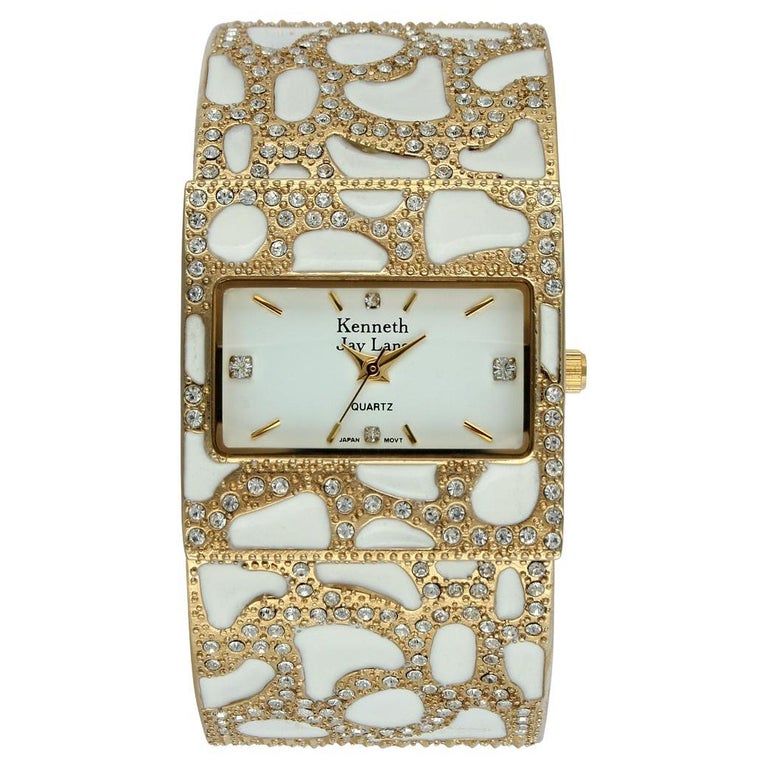 Kenneth Jay Lane New Kenneth Jay Lane Swarovski Crystal Accented Gold-Tone White Enamel Watch
