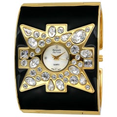 New Kenneth Jay Lane Swarovski Crystal Black Maltese Cuff Quartz Wristwatch