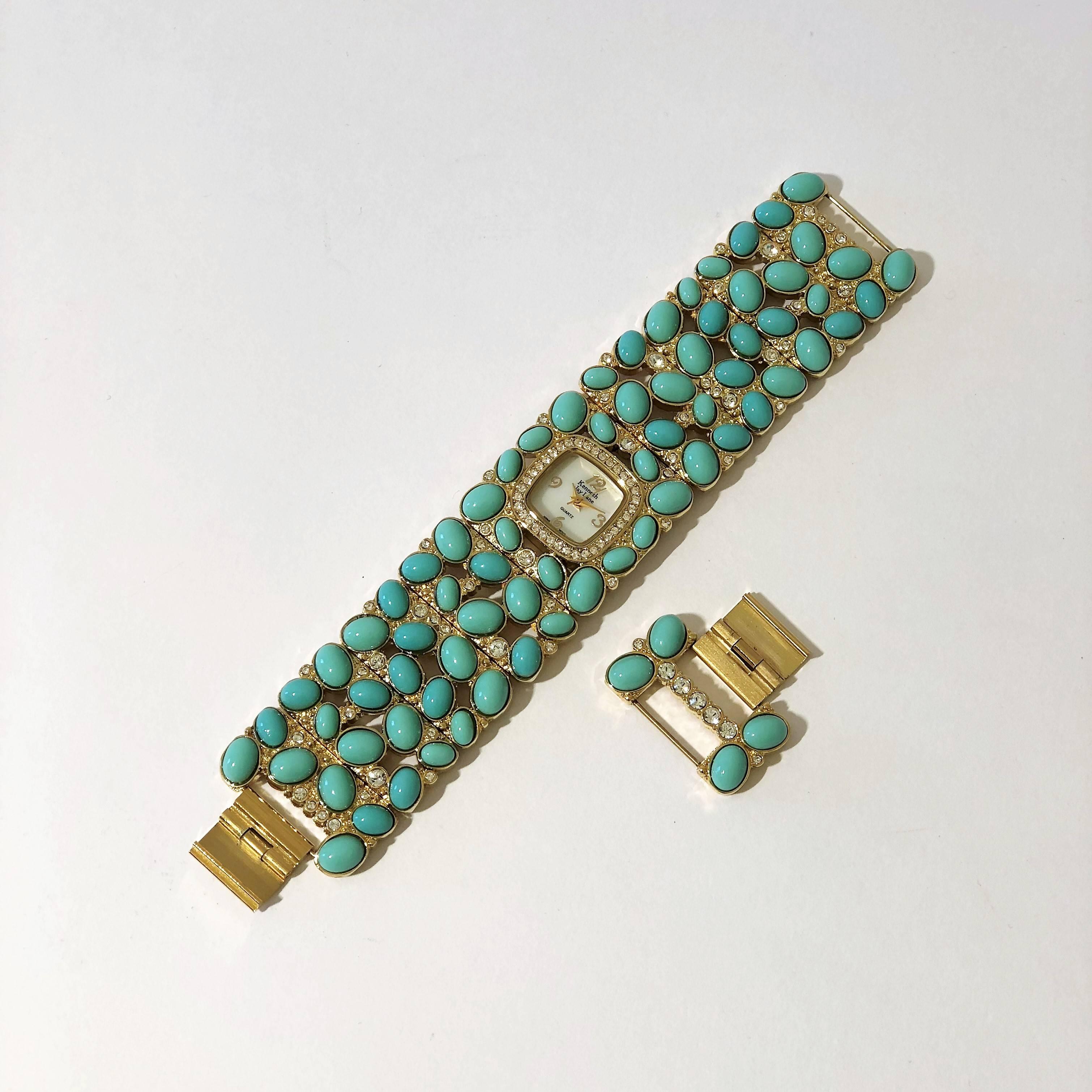 New Kenneth Jay Lane Turquoise Link Swarovski Crystal quartz Wristwatch 7