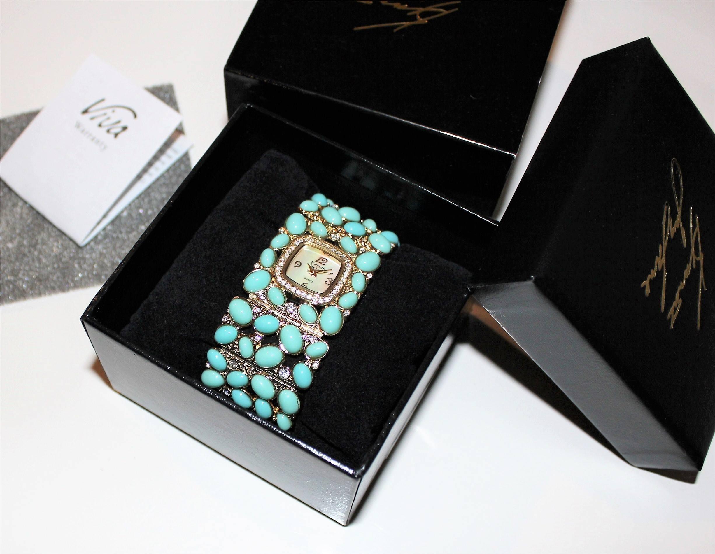 New Kenneth Jay Lane Turquoise Link Swarovski Crystal quartz Wristwatch   In New Condition For Sale In Leesburg, VA