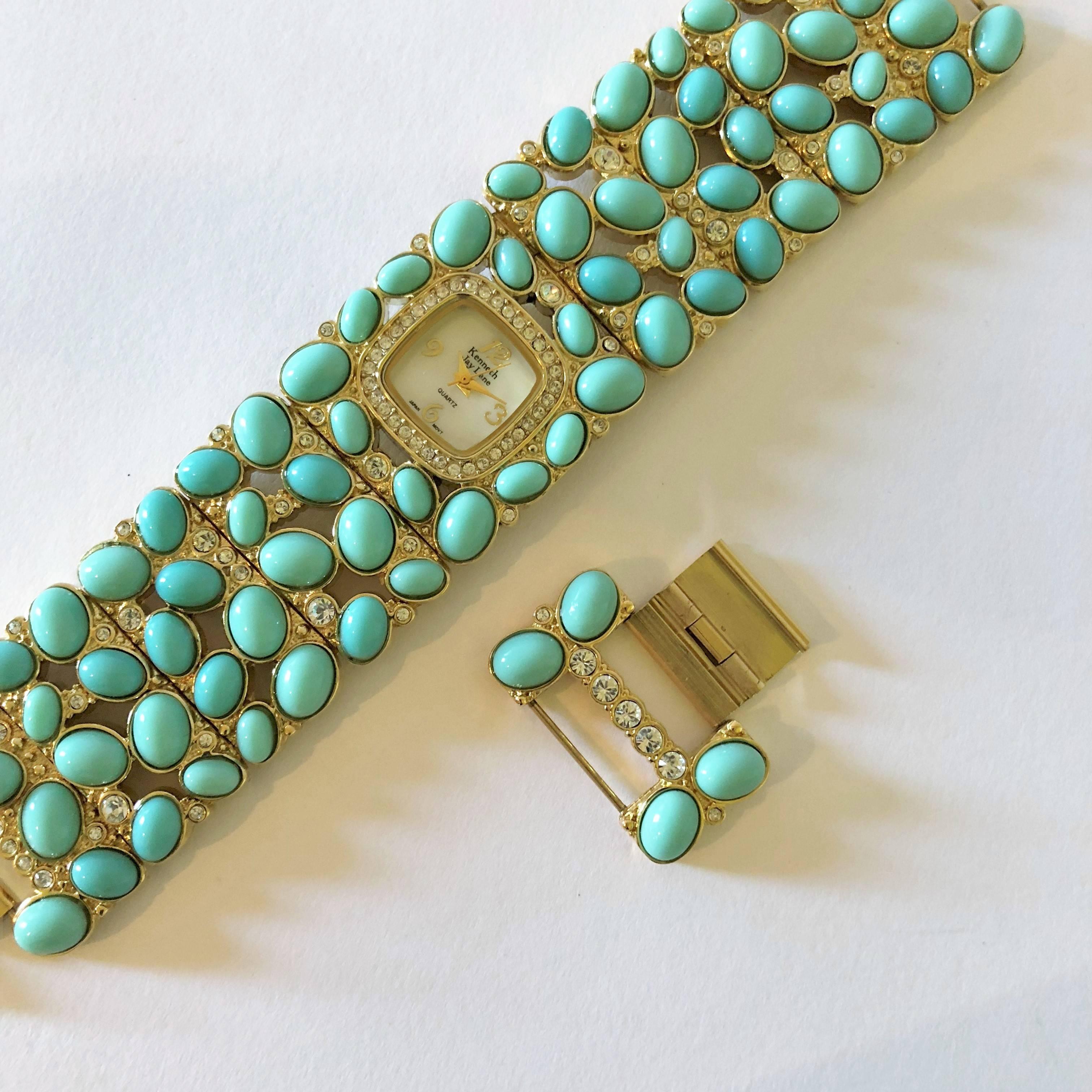 Women's New Kenneth Jay Lane Turquoise Link Swarovski Crystal quartz Wristwatch   For Sale