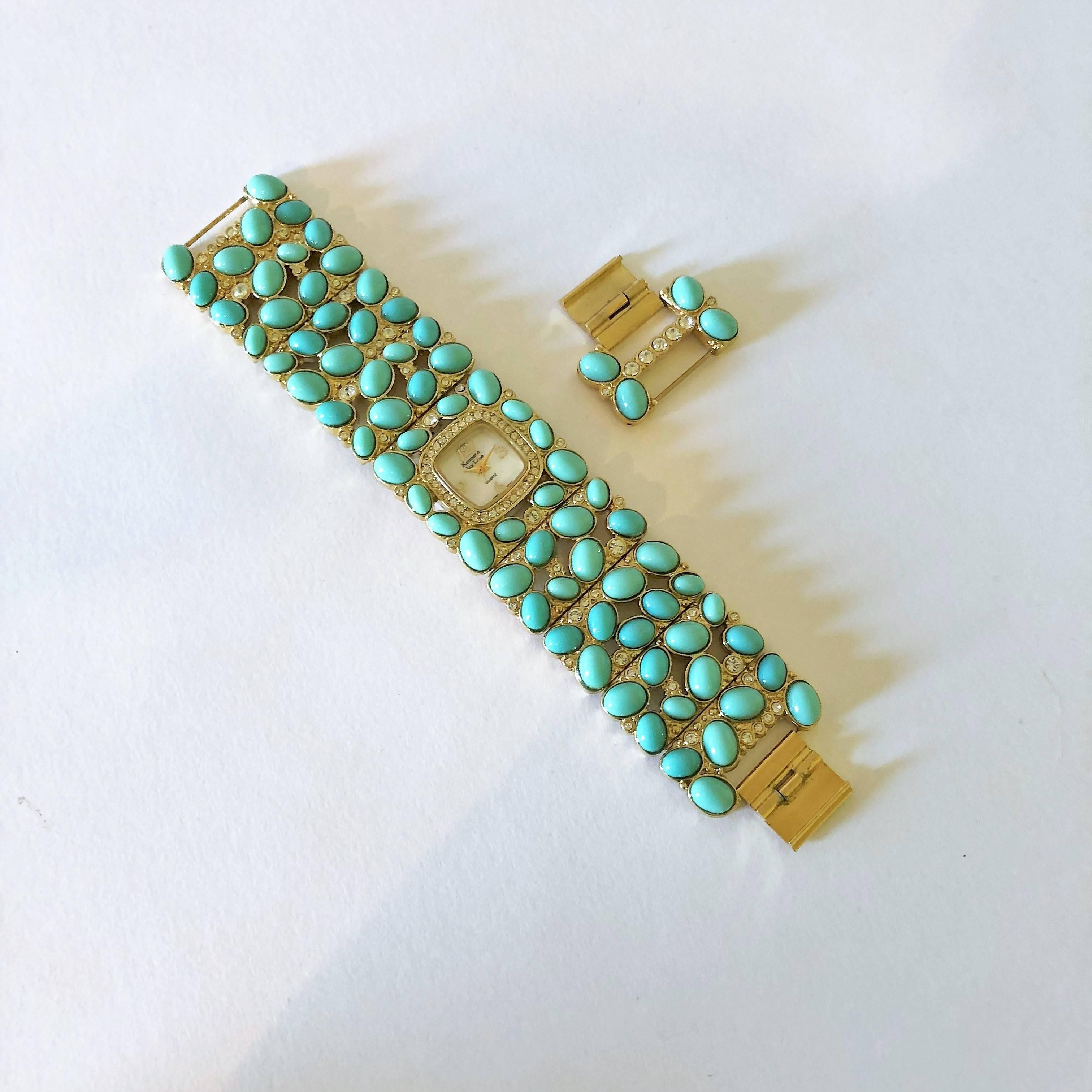 New Kenneth Jay Lane Turquoise Link Swarovski Crystal quartz Wristwatch 3