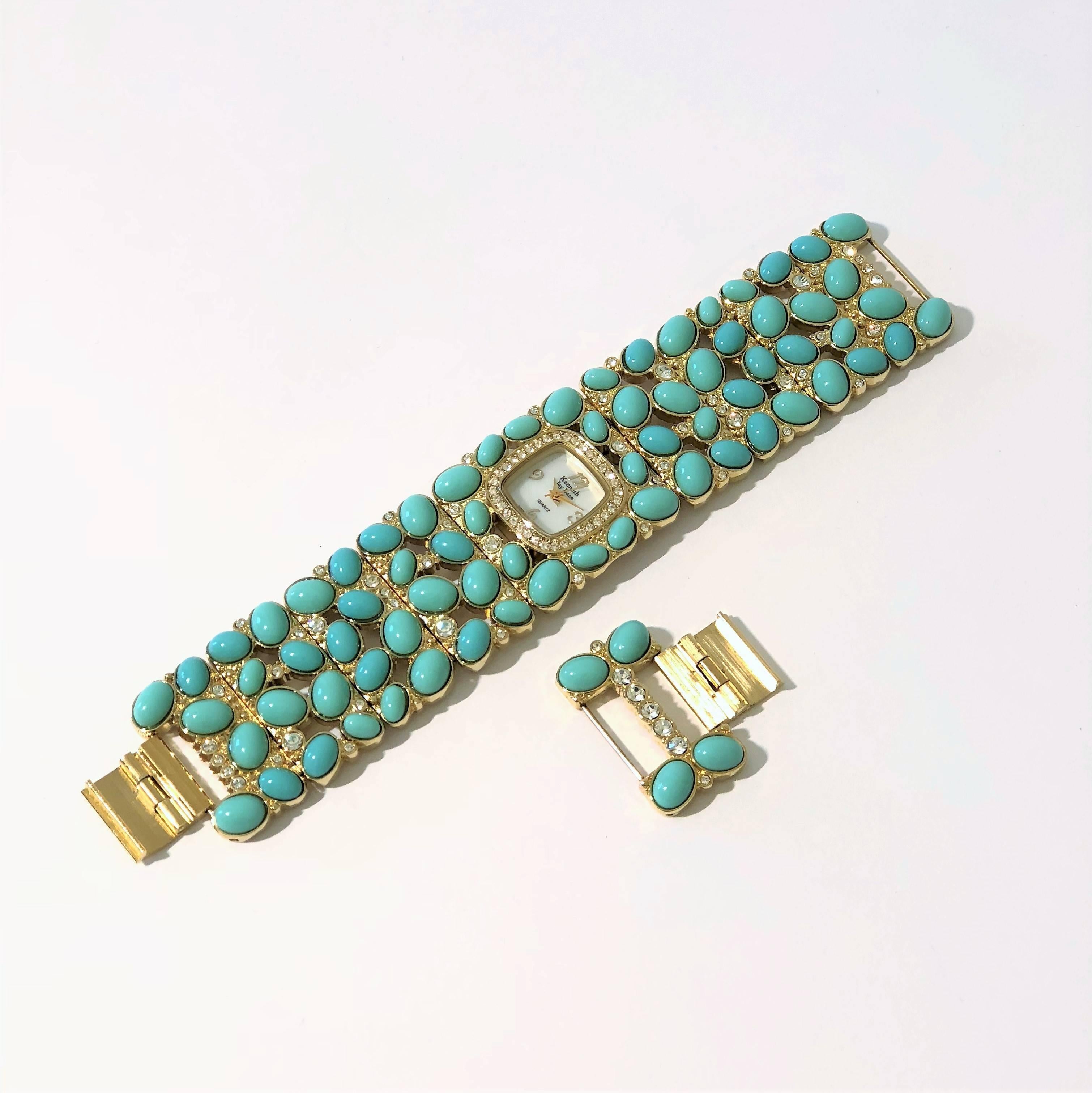 New Kenneth Jay Lane Turquoise Link Swarovski Crystal quartz Wristwatch 4