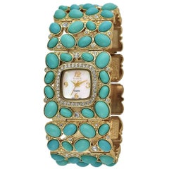 New Kenneth Jay Lane Turquoise Link Swarovski Crystal quartz Wristwatch