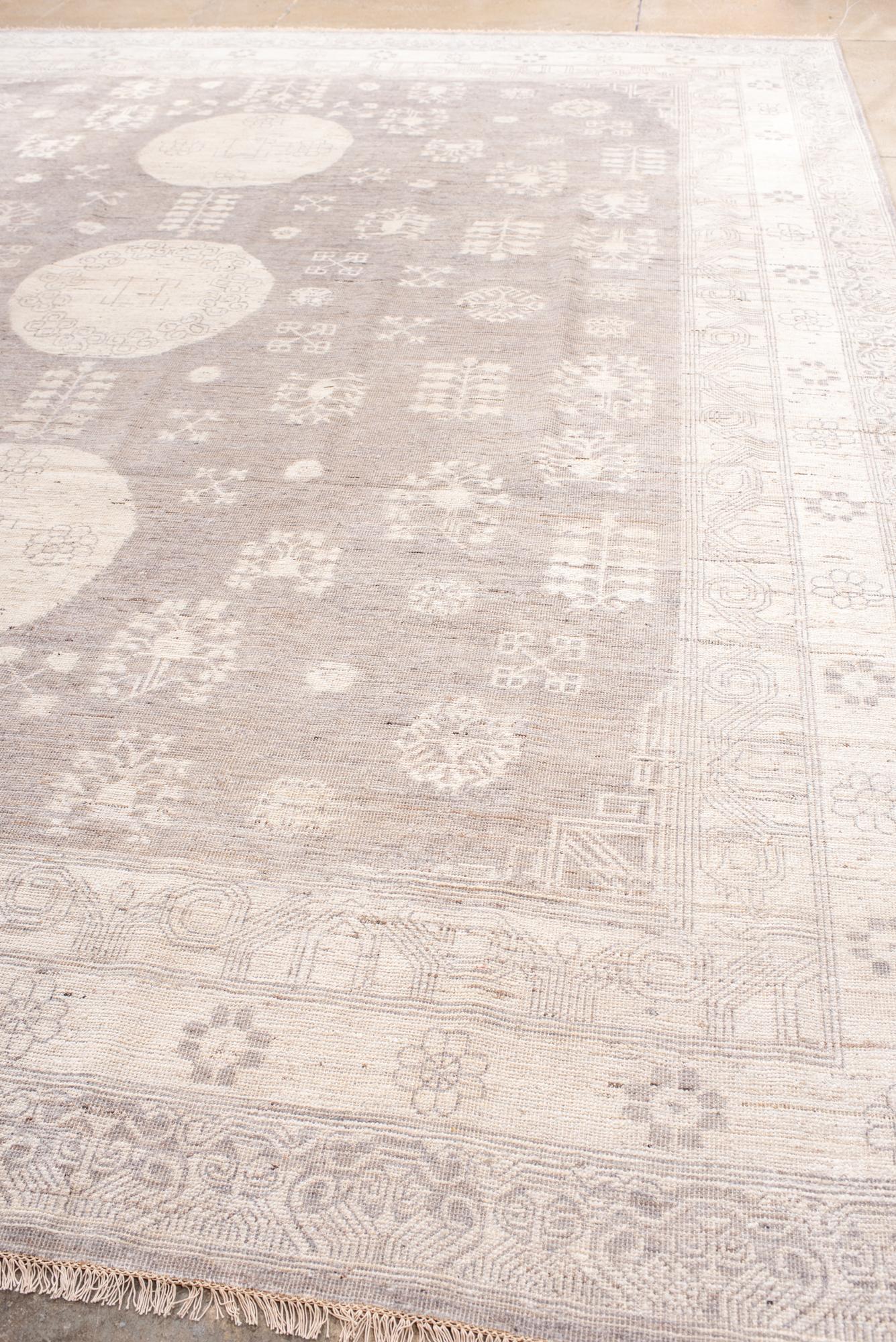 Indian New Khotan Carpet with Three Round Beige Moon Medallions