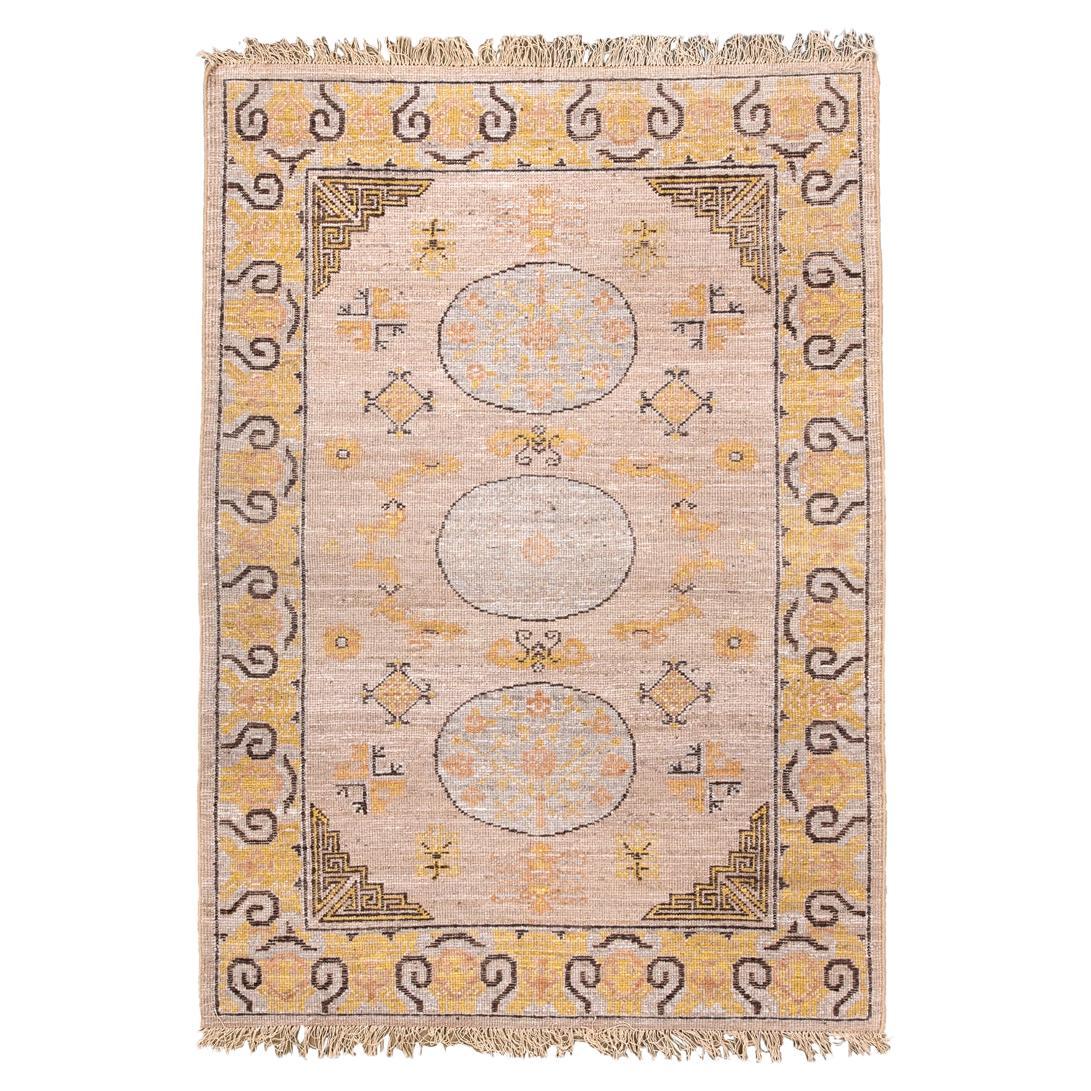 New Khotan Rug with Cream Pink Field and Open Medallions
