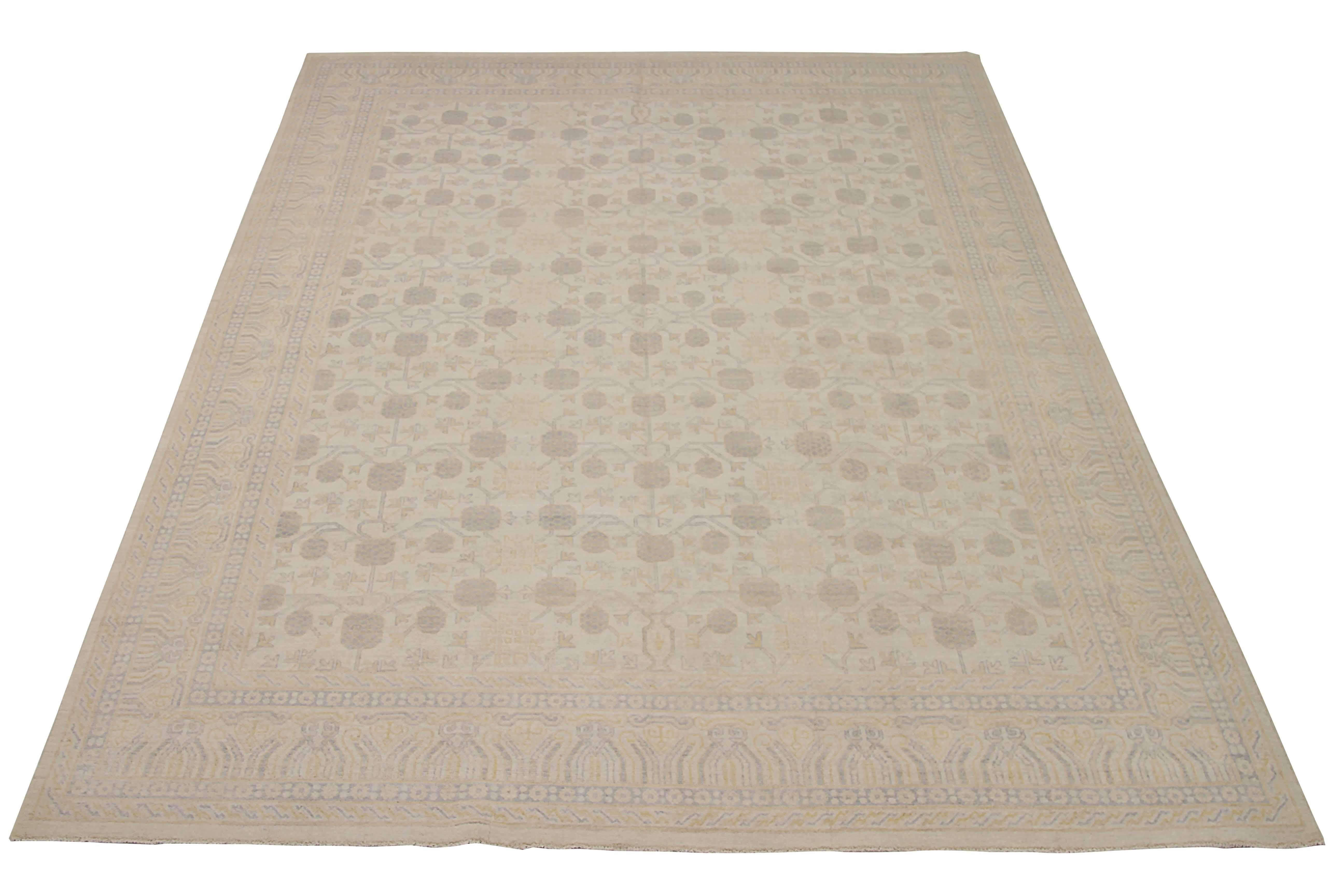 New Afghan area rug handwoven from the finest sheep’s wool. It’s colored with all-natural vegetable dyes that are safe for humans and pets. It’s a traditional Khotan design woven by expert artisans. In addition to the fine weaving, this rug