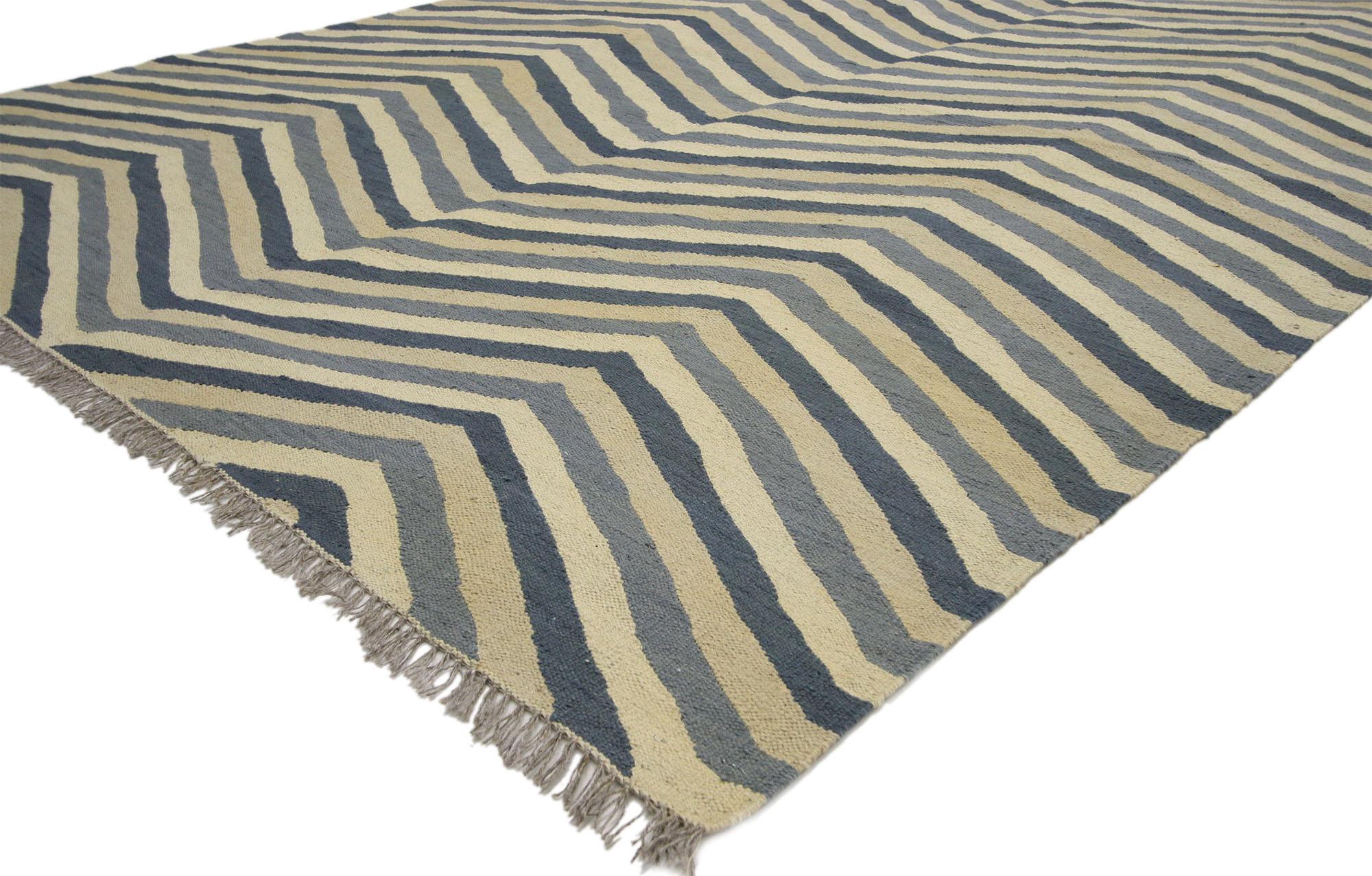 80453, new Kilim area rug with Herringbone Chevron Design and Coastal Living style. This handwoven wool vintage kilim area rug features a classic Herringbone Chevron pattern in a subtle color palette. With its simplistic design aesthetic and hygge