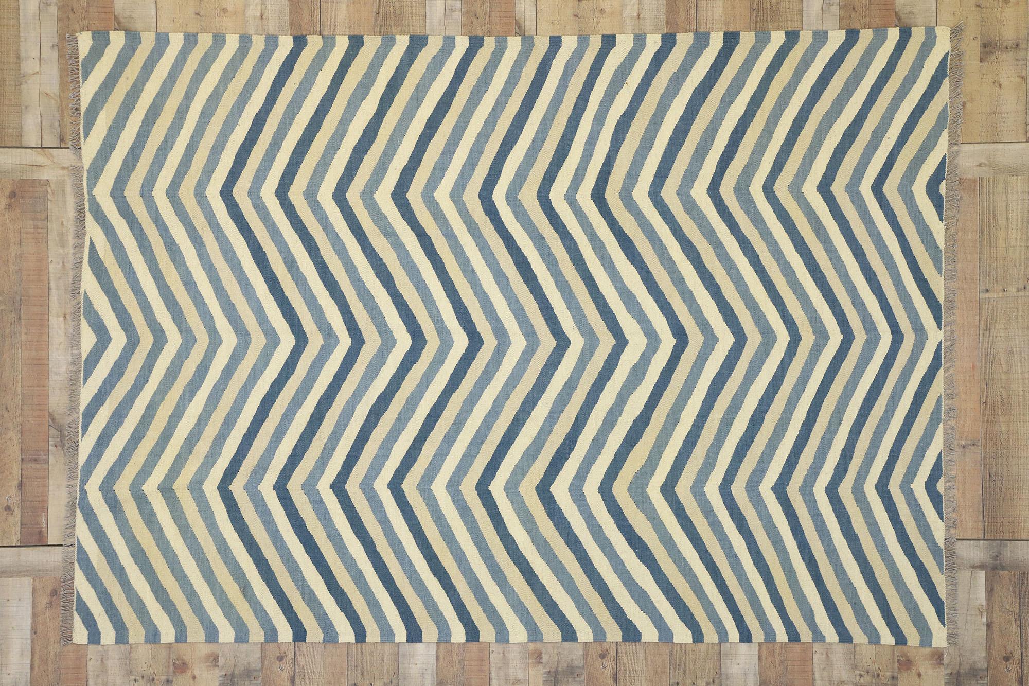 Contemporary New Kilim Area Rug with Herringbone Chevron Design and Coastal Living Style For Sale