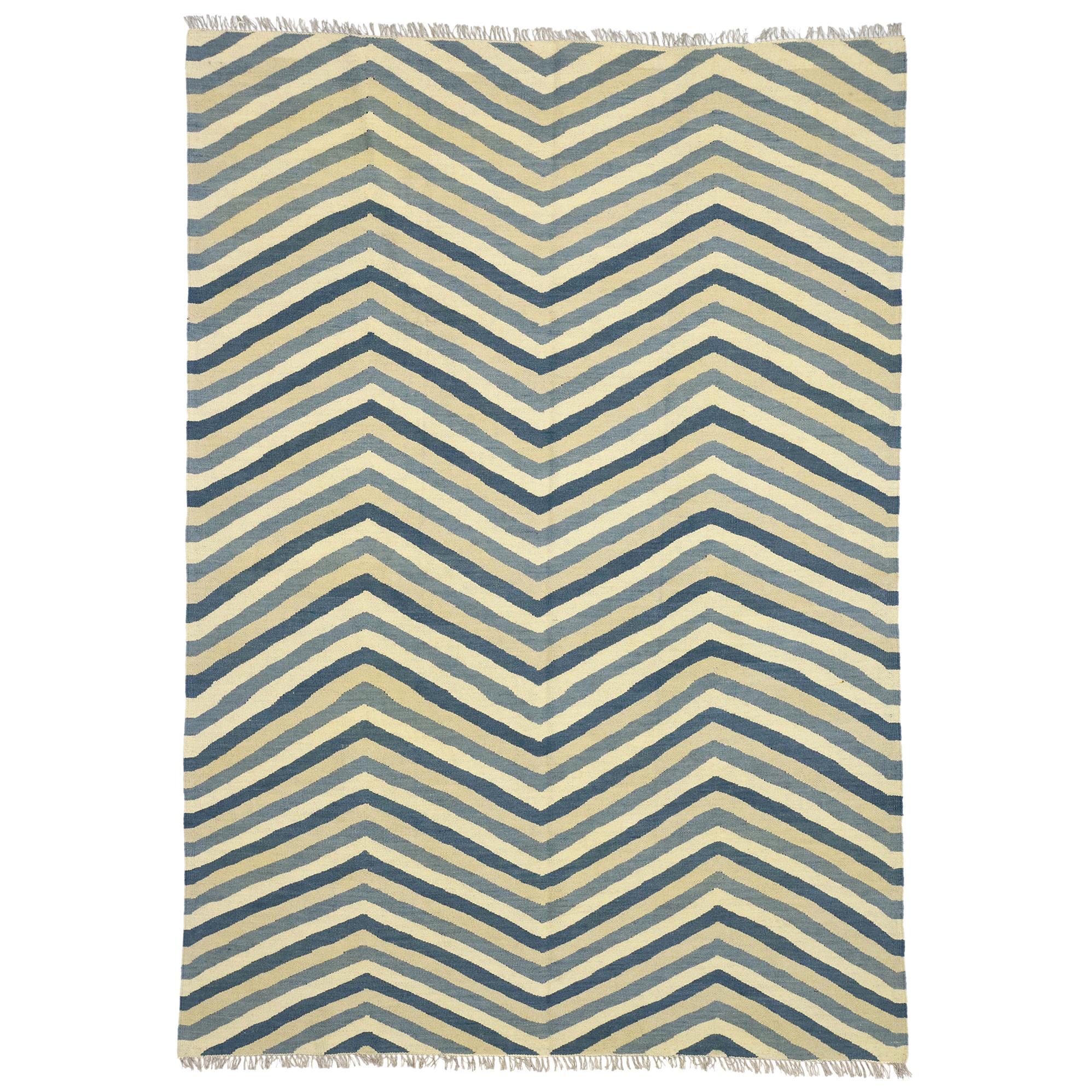 Nuovo tappeto Kilim con design Chevron a spina di pesce e stile di vita costiero