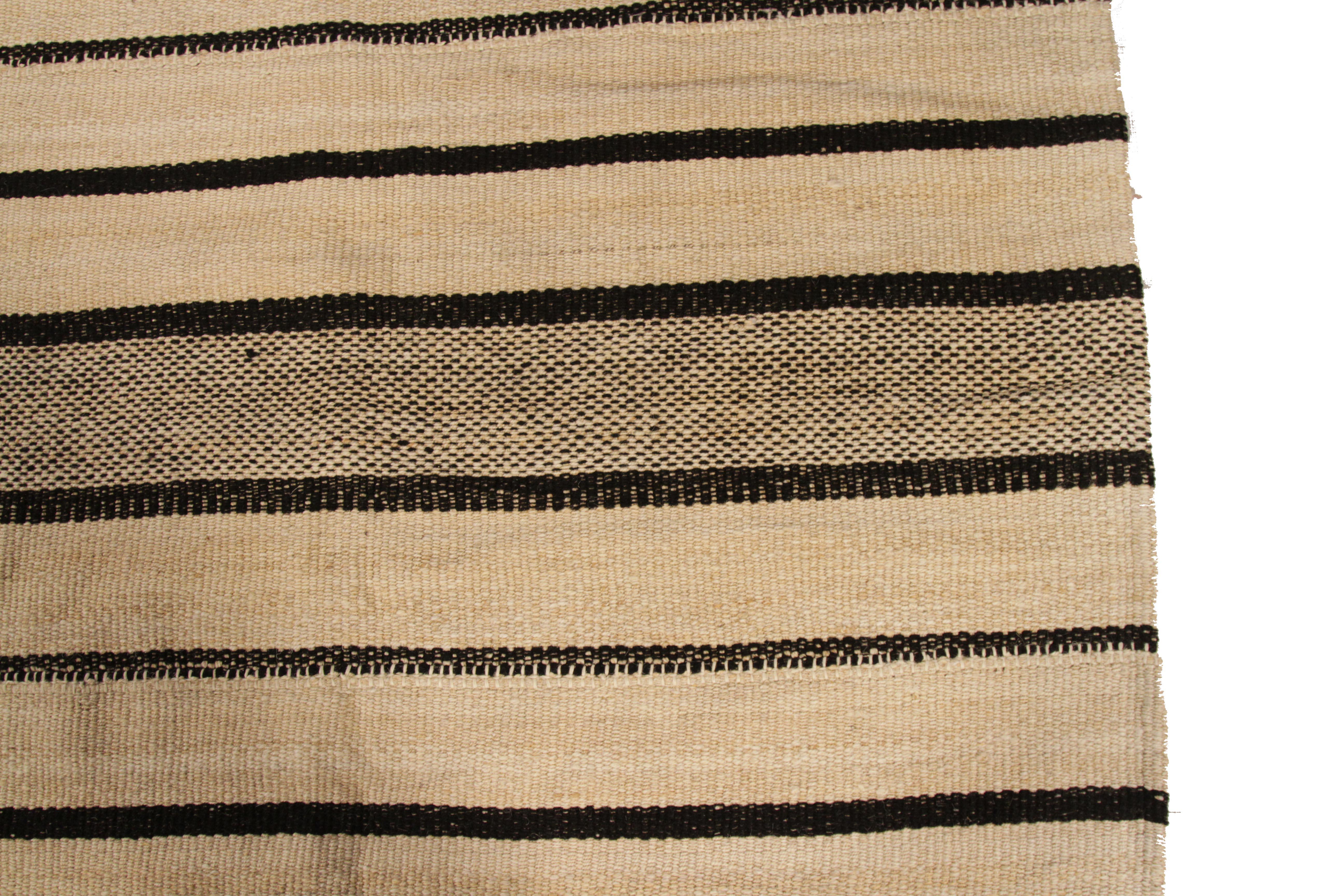 Hand-Woven New Kilim Persian Rug with Thick and Thin Stripes in Black and Beige For Sale