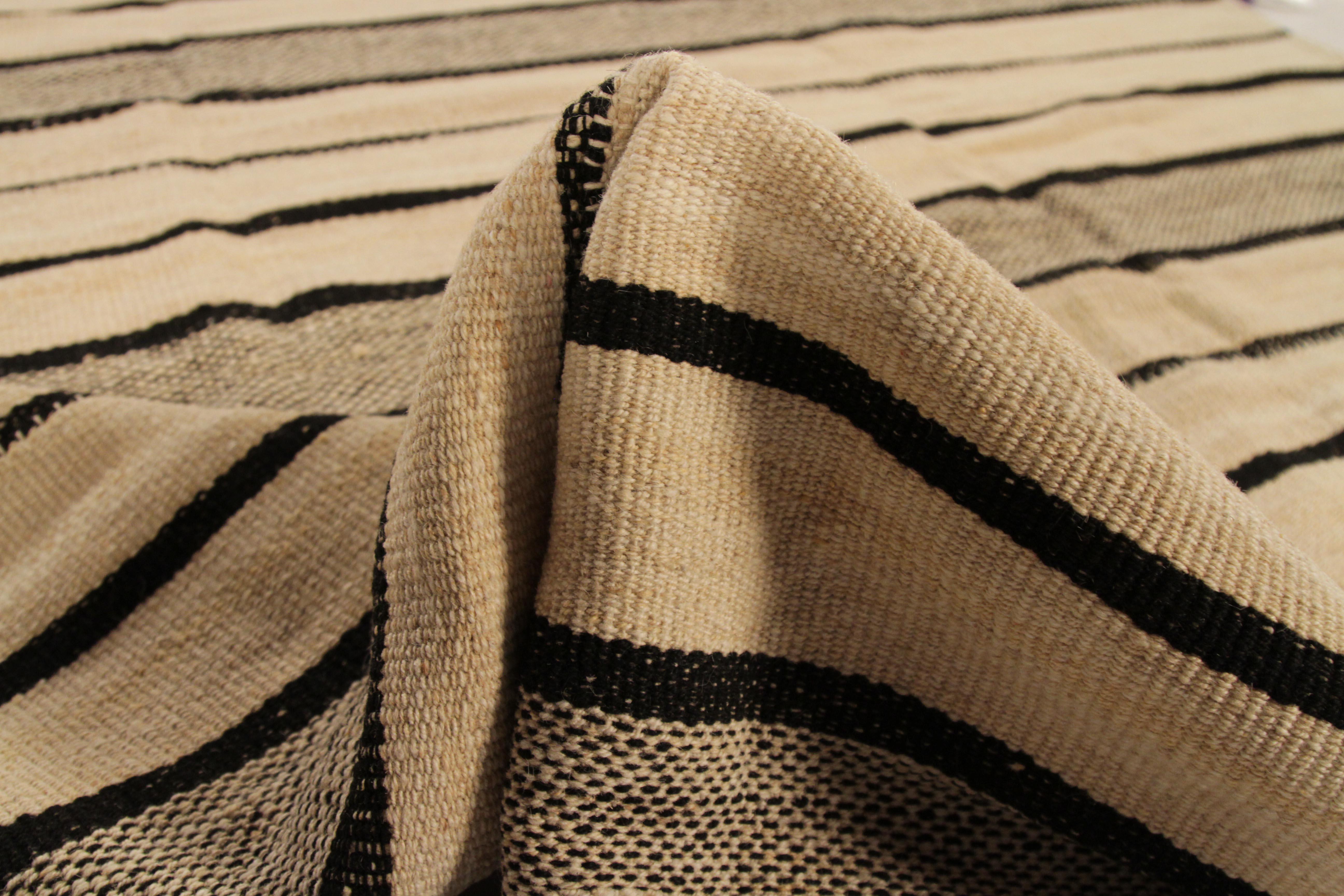 20th Century New Kilim Persian Rug with Thick and Thin Stripes in Black and Beige For Sale