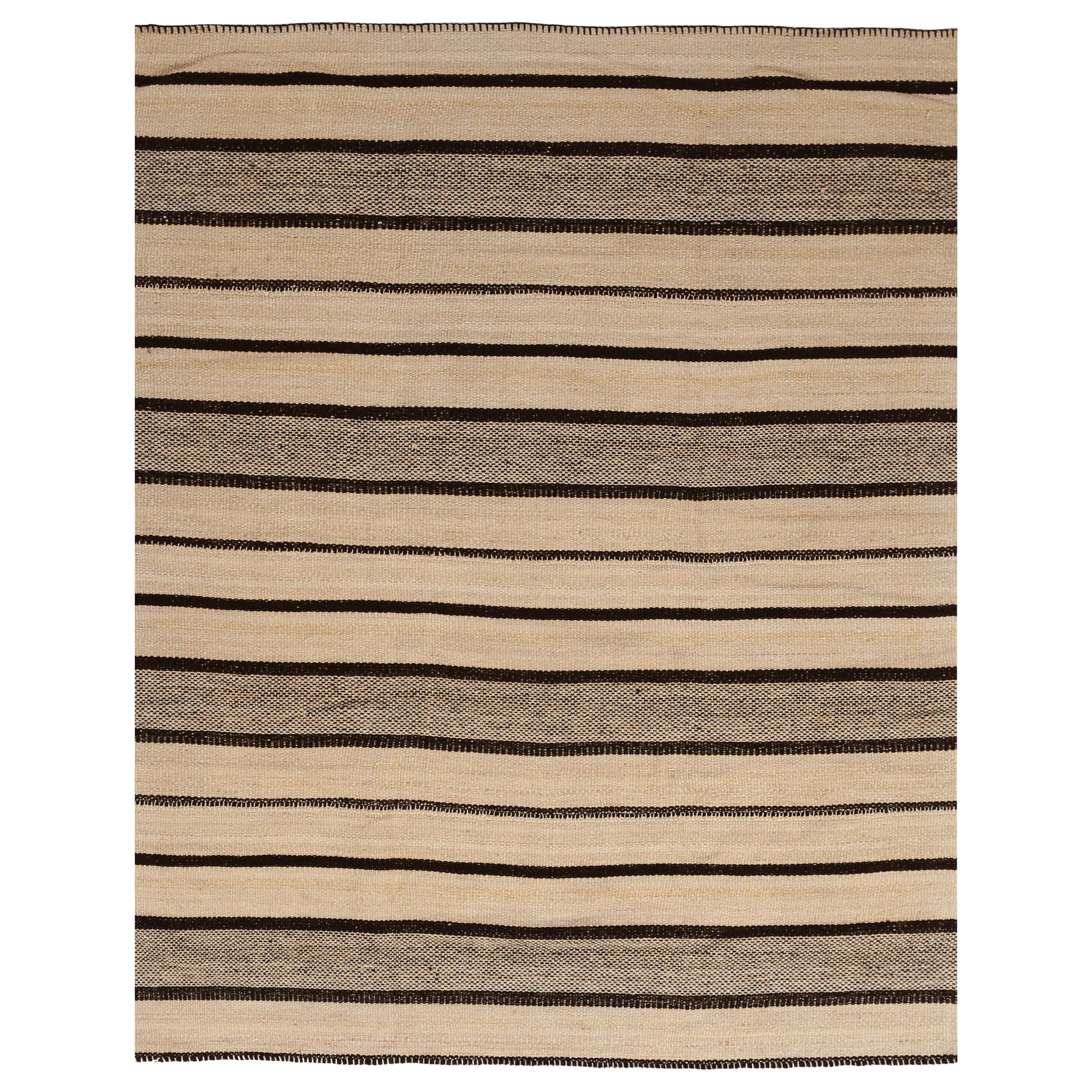 New Kilim Persian Rug with Thick and Thin Stripes in Black and Beige