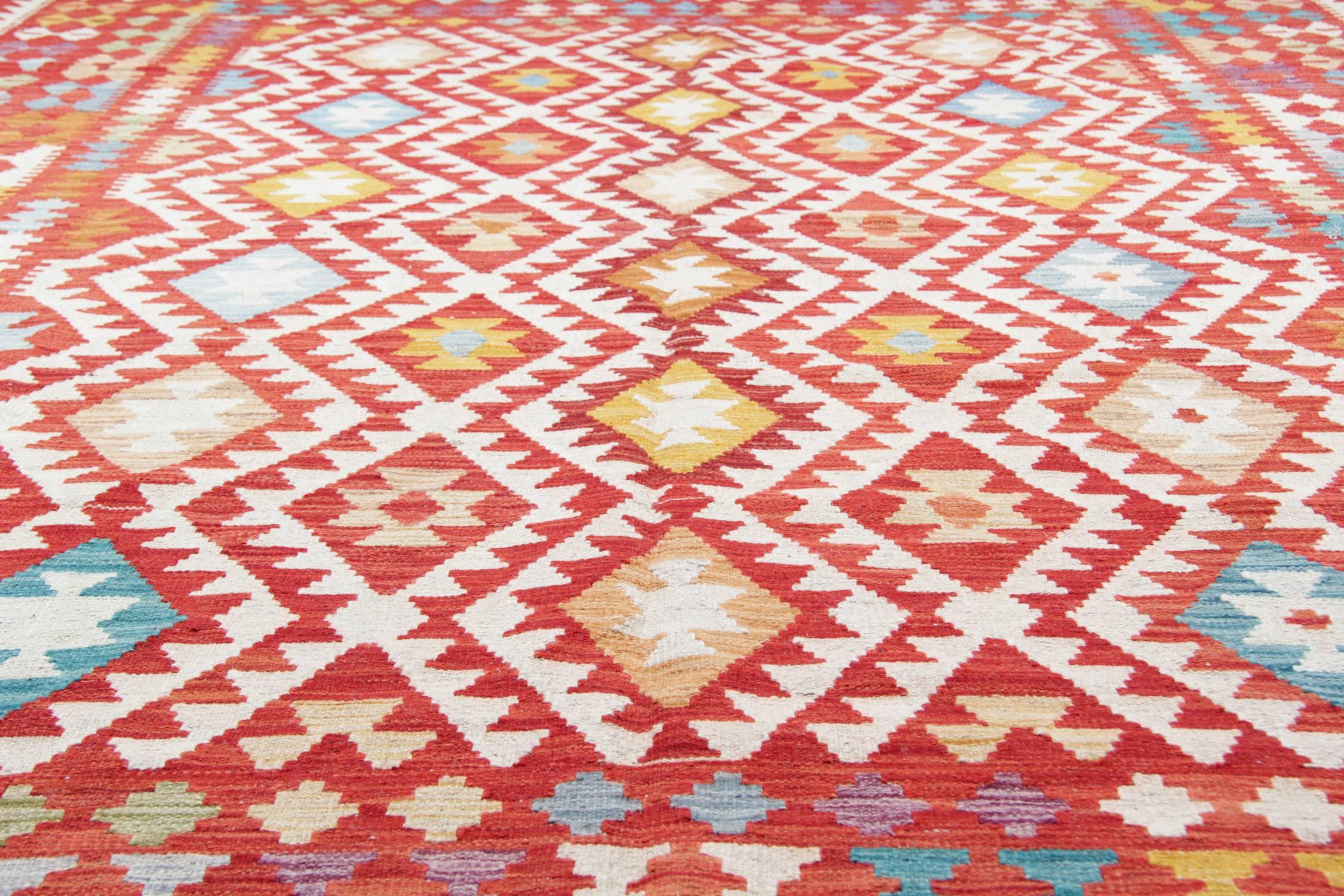 Afghan Red Handmade Rug Traditional Kilim Rugs, Oriental Rug Geometric Carpet for Sale