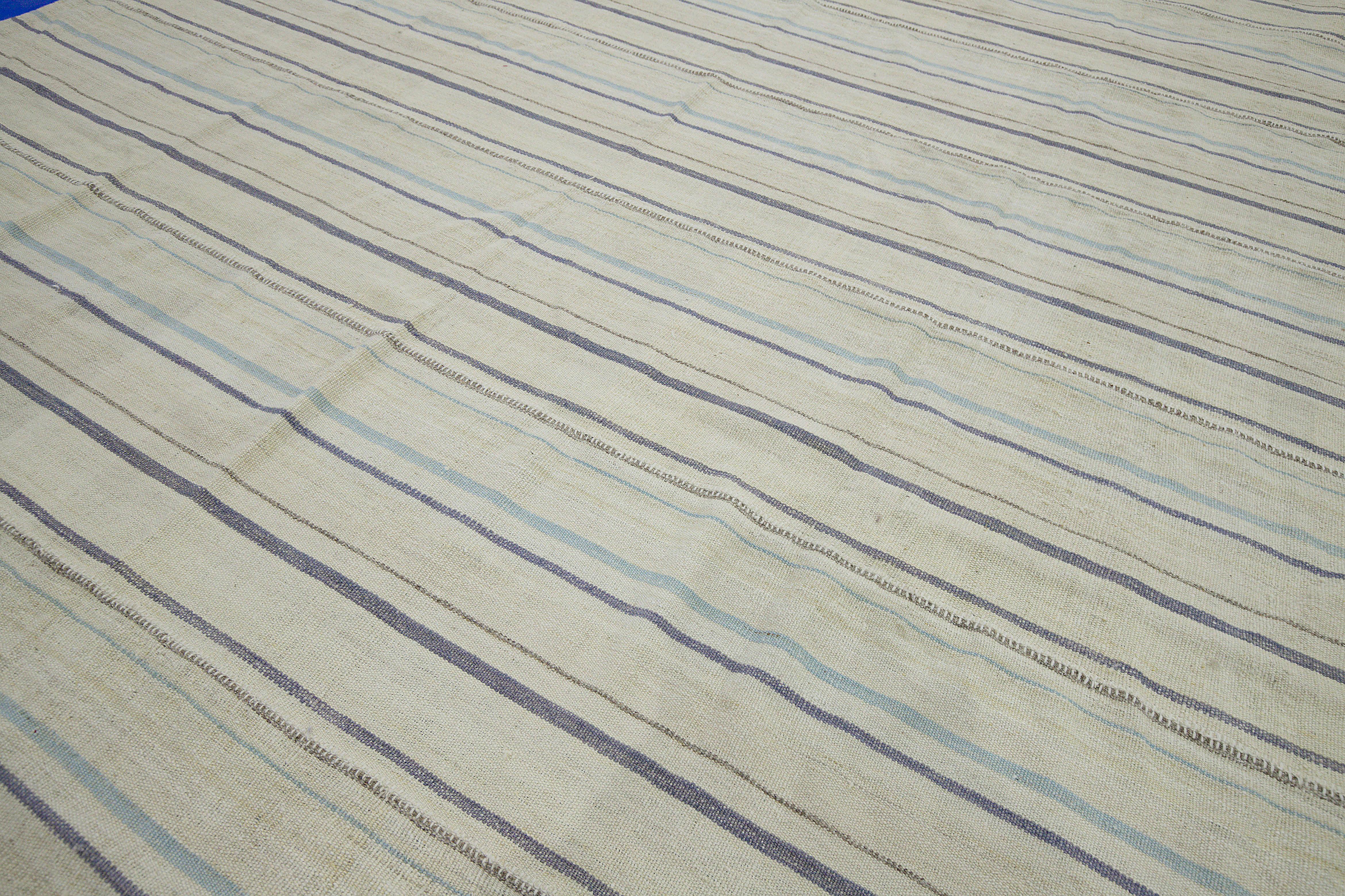 Oushak Kilim Turkish Rug in Gray and Blue Stripes on Ivory Field For Sale