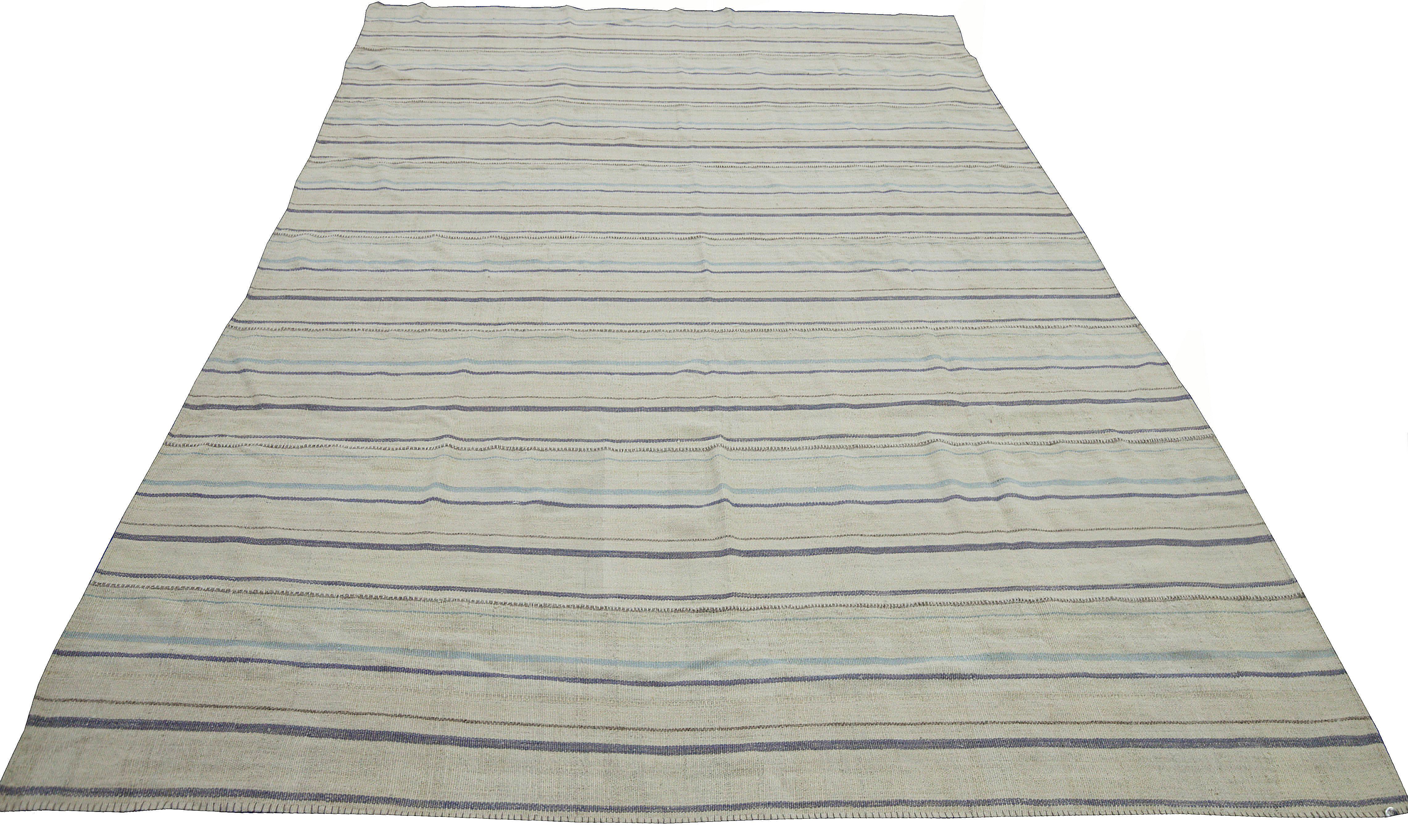 Hand-Woven Kilim Turkish Rug in Gray and Blue Stripes on Ivory Field For Sale