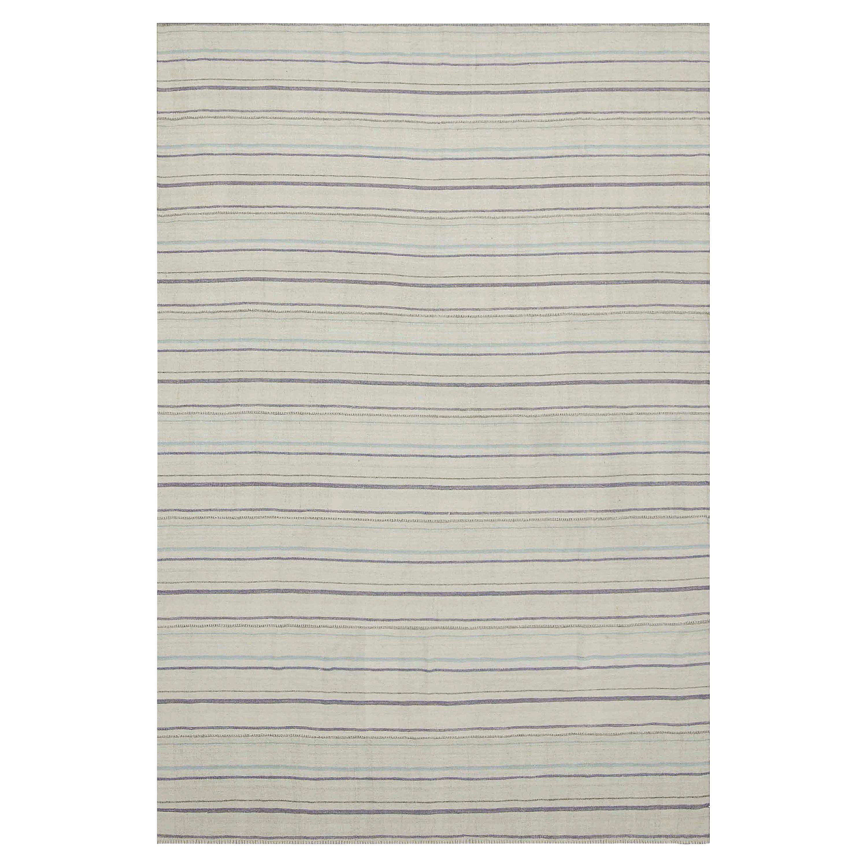 Kilim Turkish Rug in Gray and Blue Stripes on Ivory Field