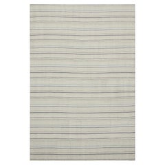 Kilim Turkish Rug in Gray and Blue Stripes on Ivory Field