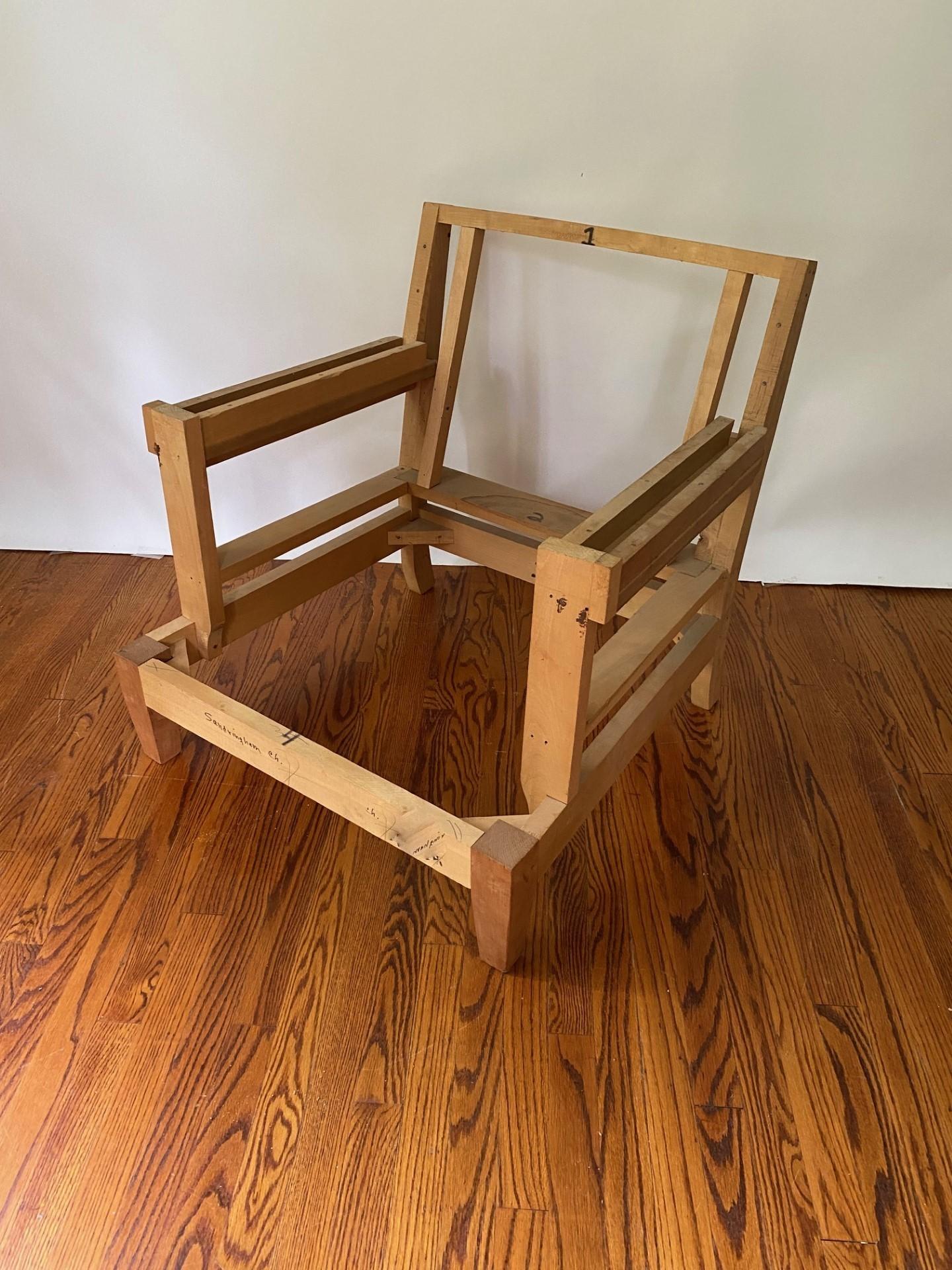 This new kiln-dried Maple Lawson style lounge chair frame with Mahogany square tapered front legs can sit comfortably in any style decor.
This stylish frame with a straight back and square arms is very study with its corner blocks.

Two (2) frames