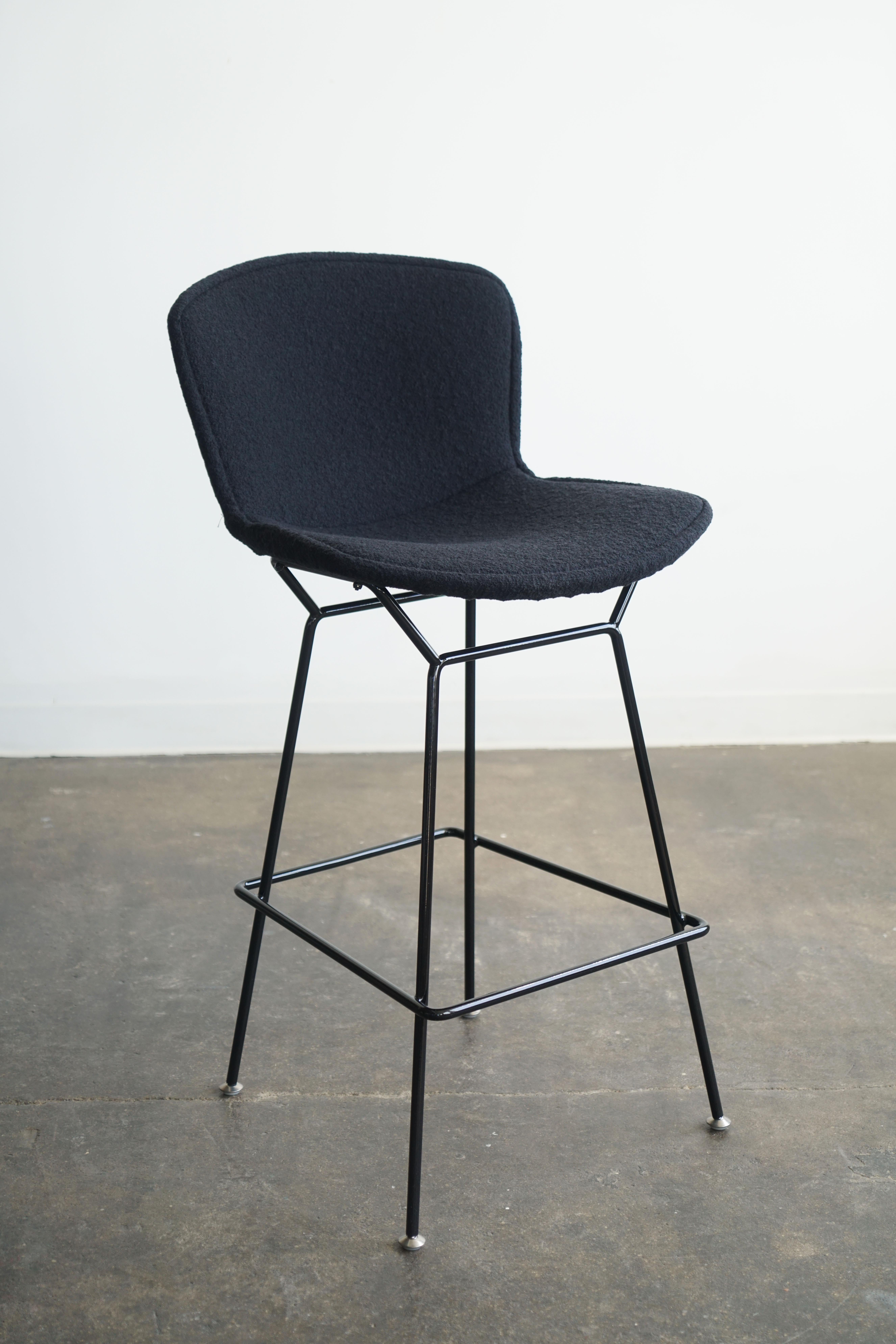 New Knoll Bertoia bar stools in black frame with upholstered black boucle, pair  4