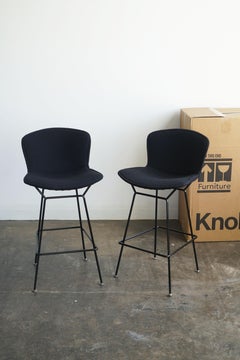 New Knoll Bertoia bar stools in black frame with upholstered black boucle, pair